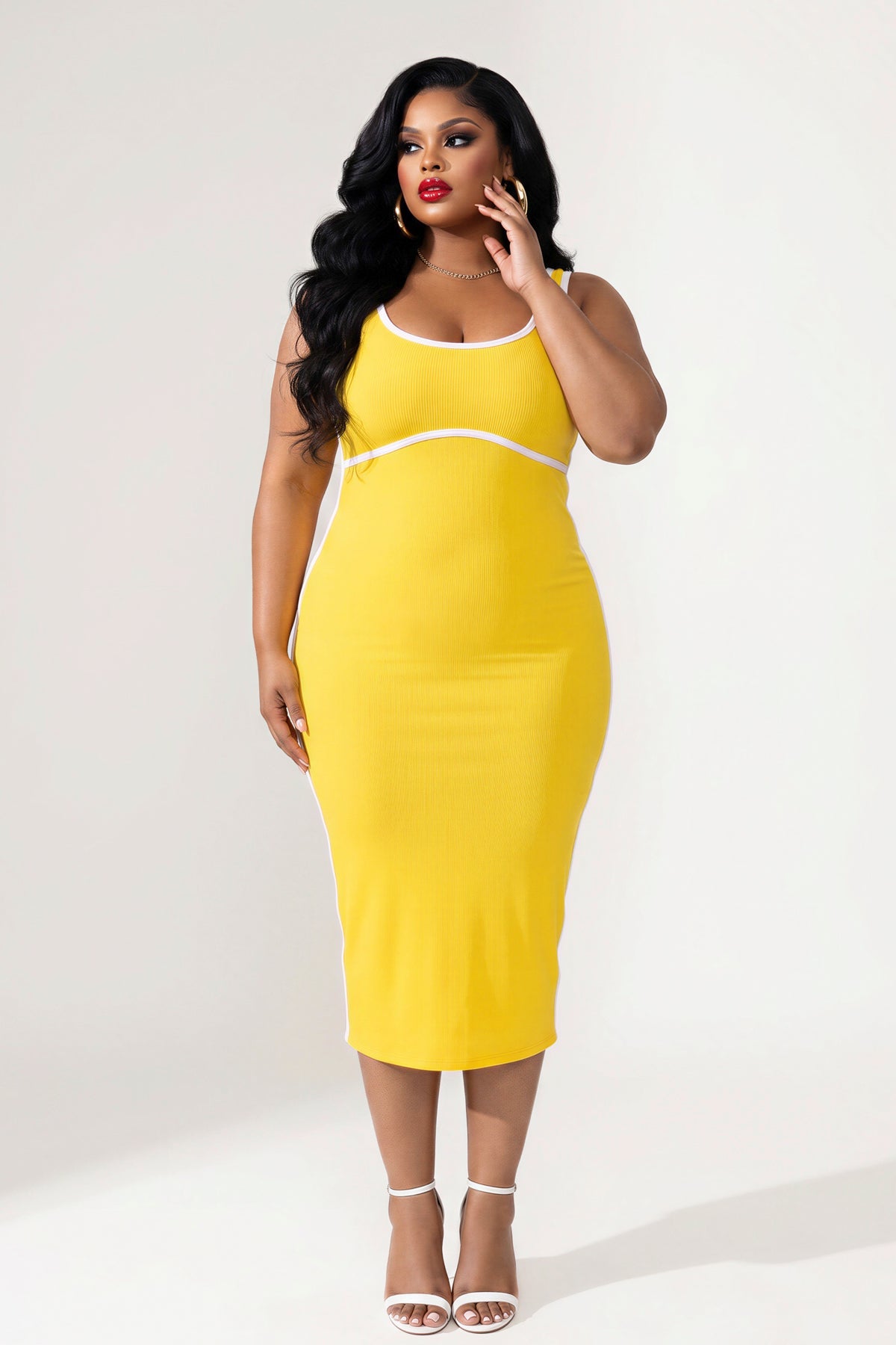 Plus Size Bold Lines Bodycon Dress - Yellow