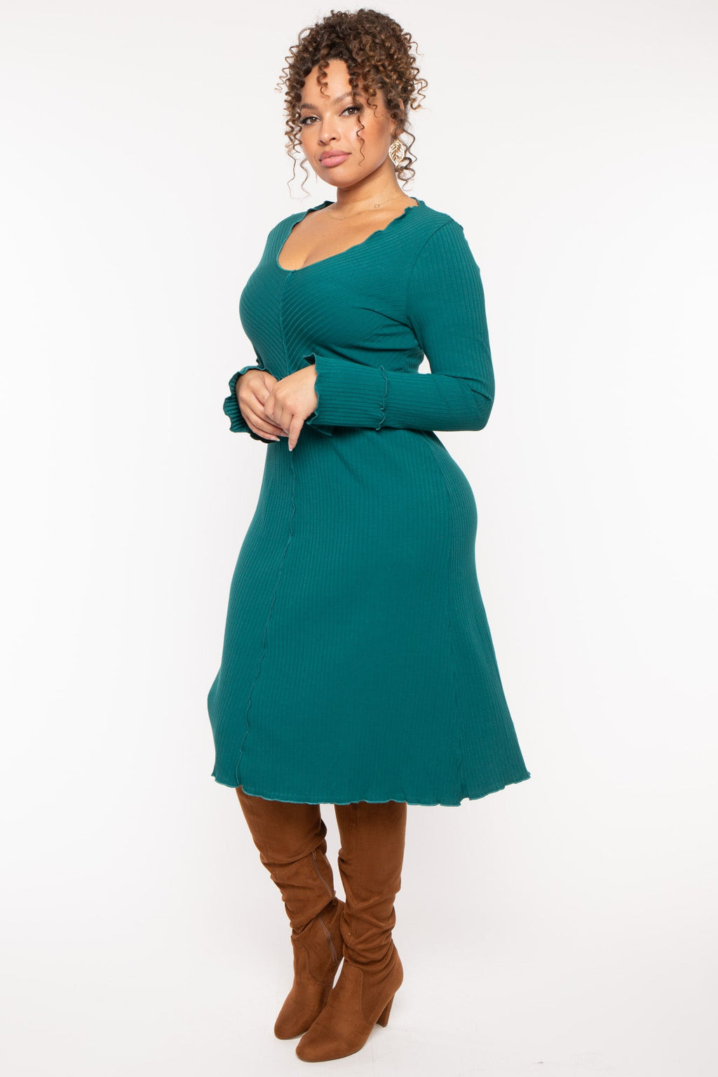 Plus Size Charlene Ribbed  Dress - Hunter Green