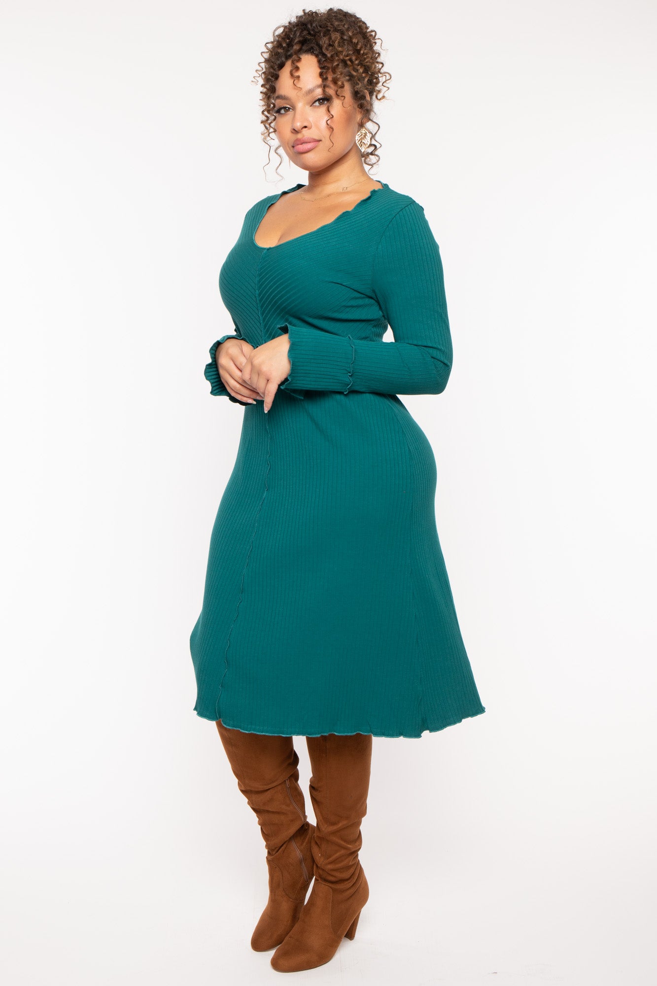 Plus Size Charlene Ribbed  Dress - Hunter Green