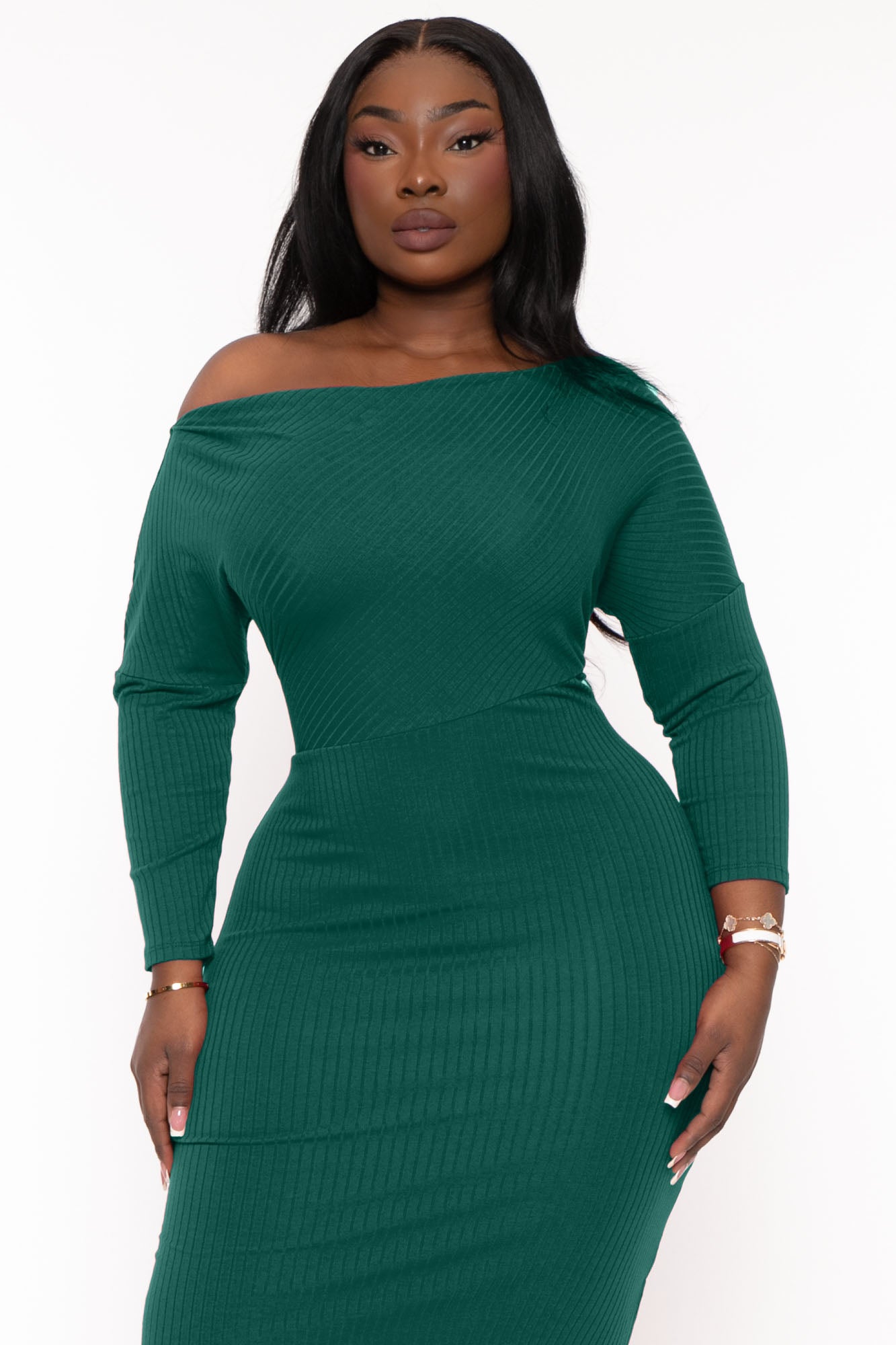 Plus Size Charlene Ribbed  Midi  Dress - Hunter Green