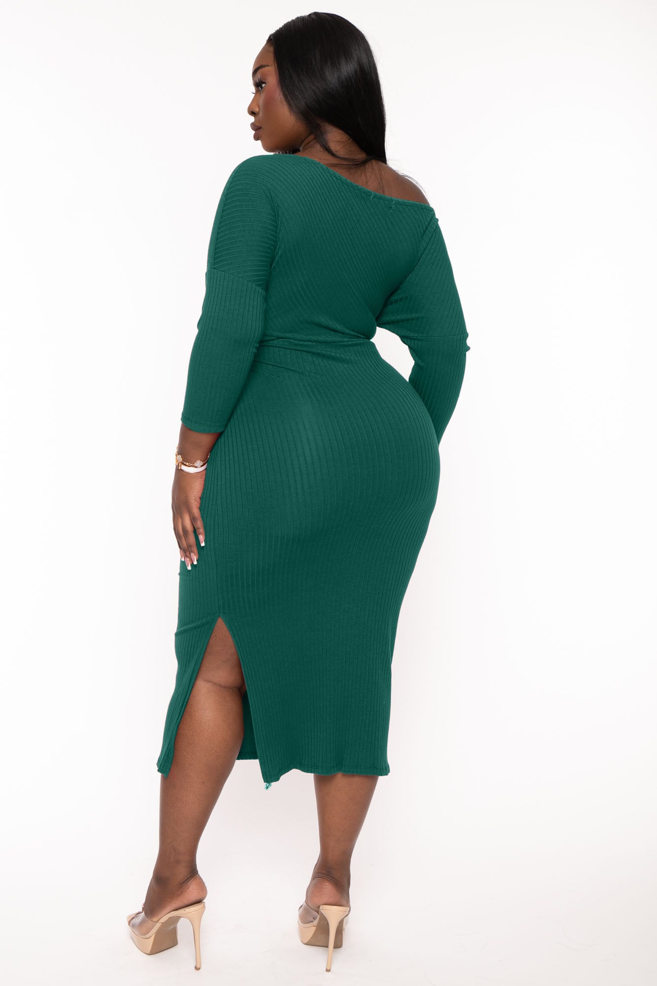 Plus Size Charlene Ribbed  Midi  Dress - Hunter Green