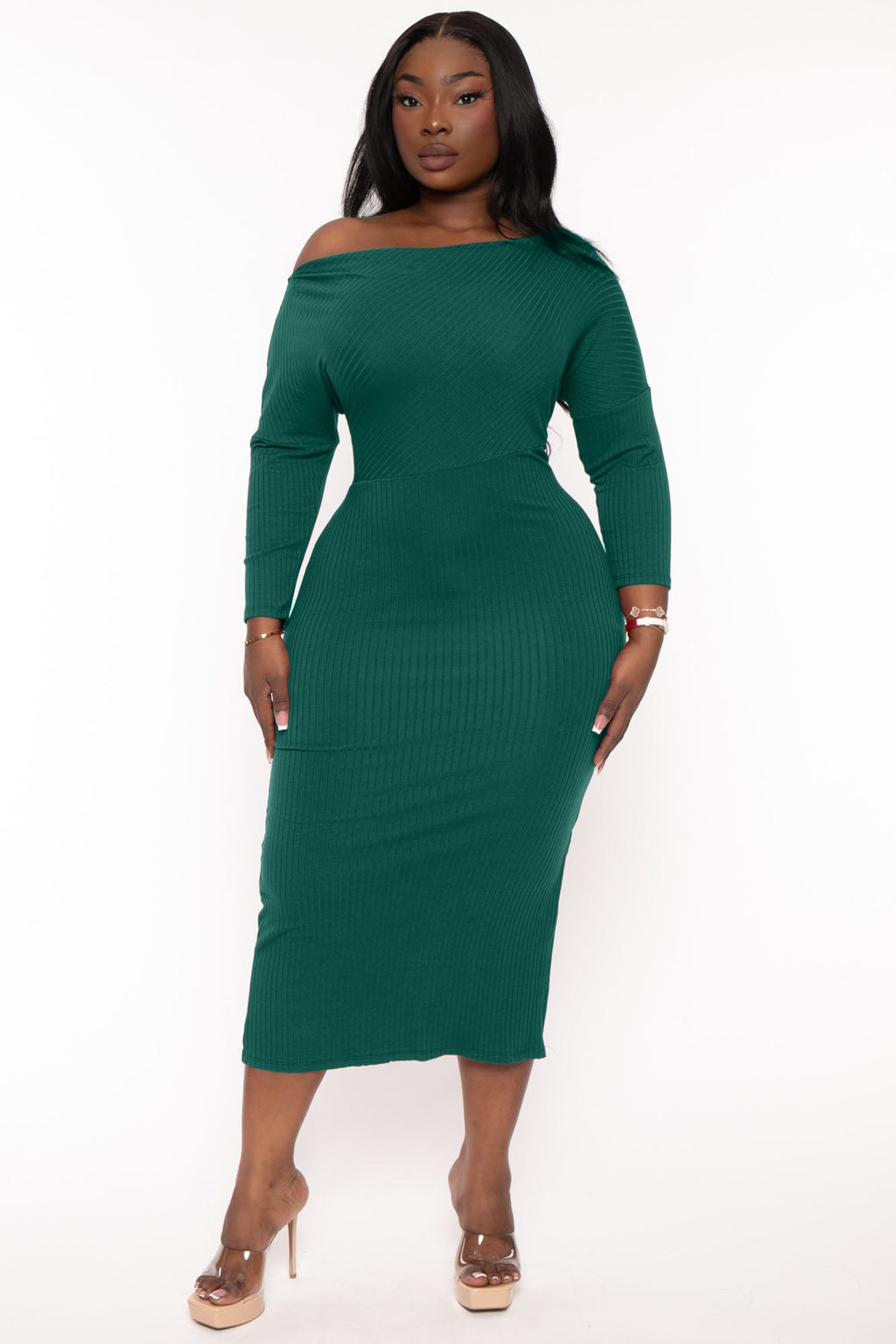 Plus Size Charlene Ribbed  Midi  Dress - Hunter Green