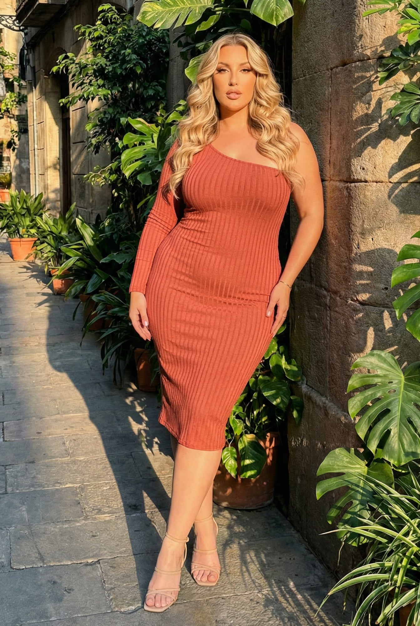 Plus Size Chic Rib Dress - Terracotta