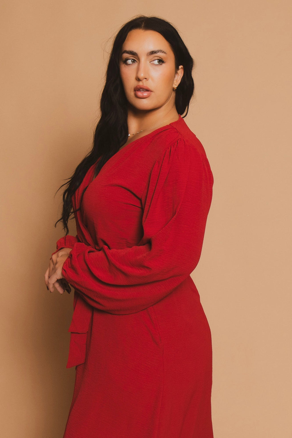 Plus Size Classic Wrap Belted Dress - Red