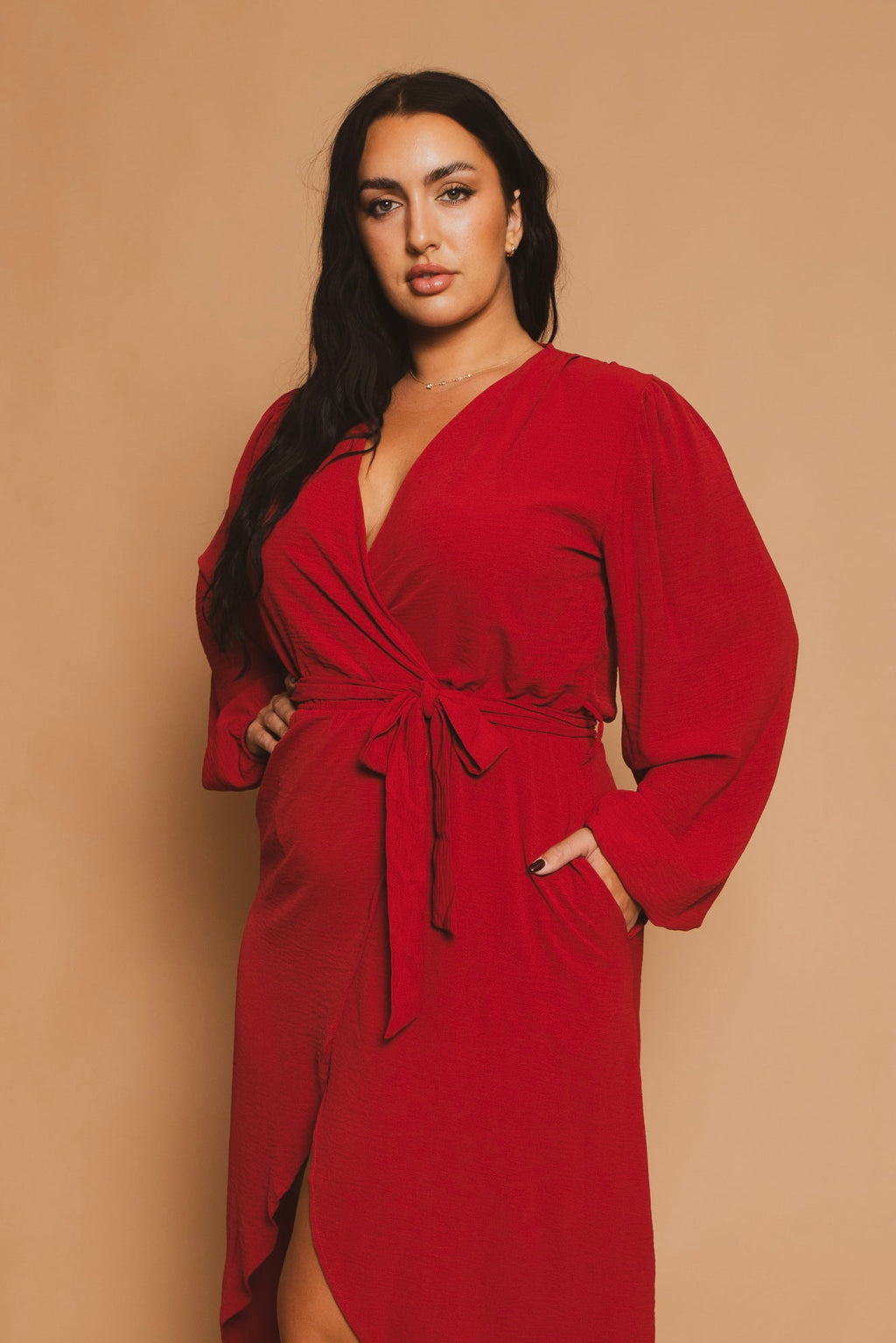 Plus Size Classic Wrap Belted Dress - Red