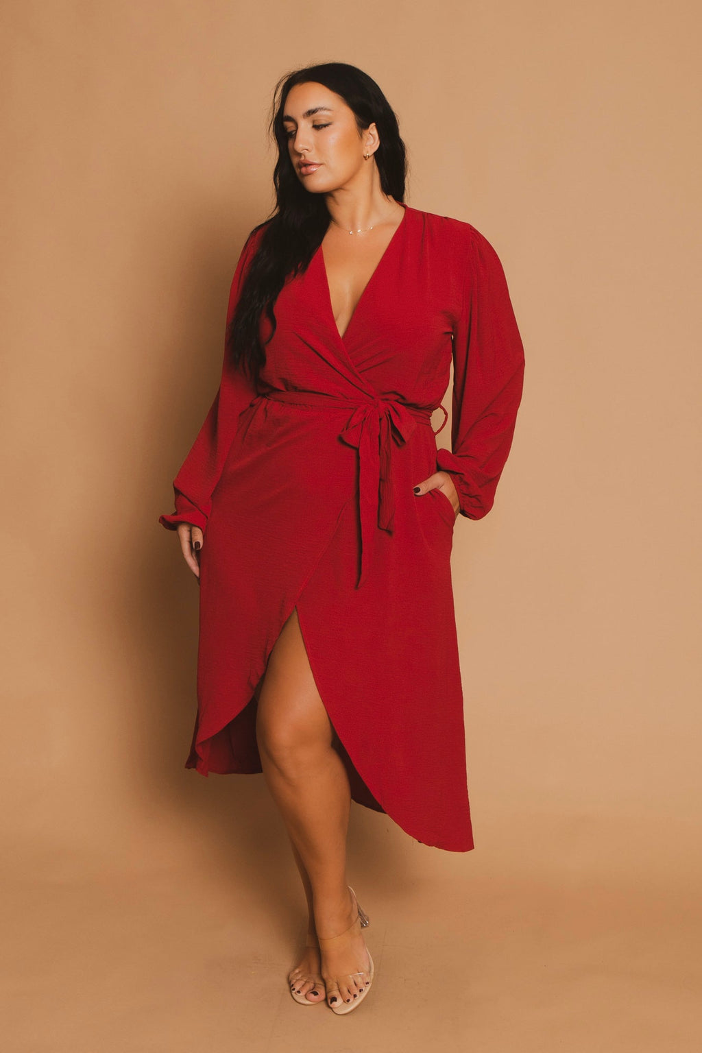 Plus Size Classic Wrap Belted Dress - Red