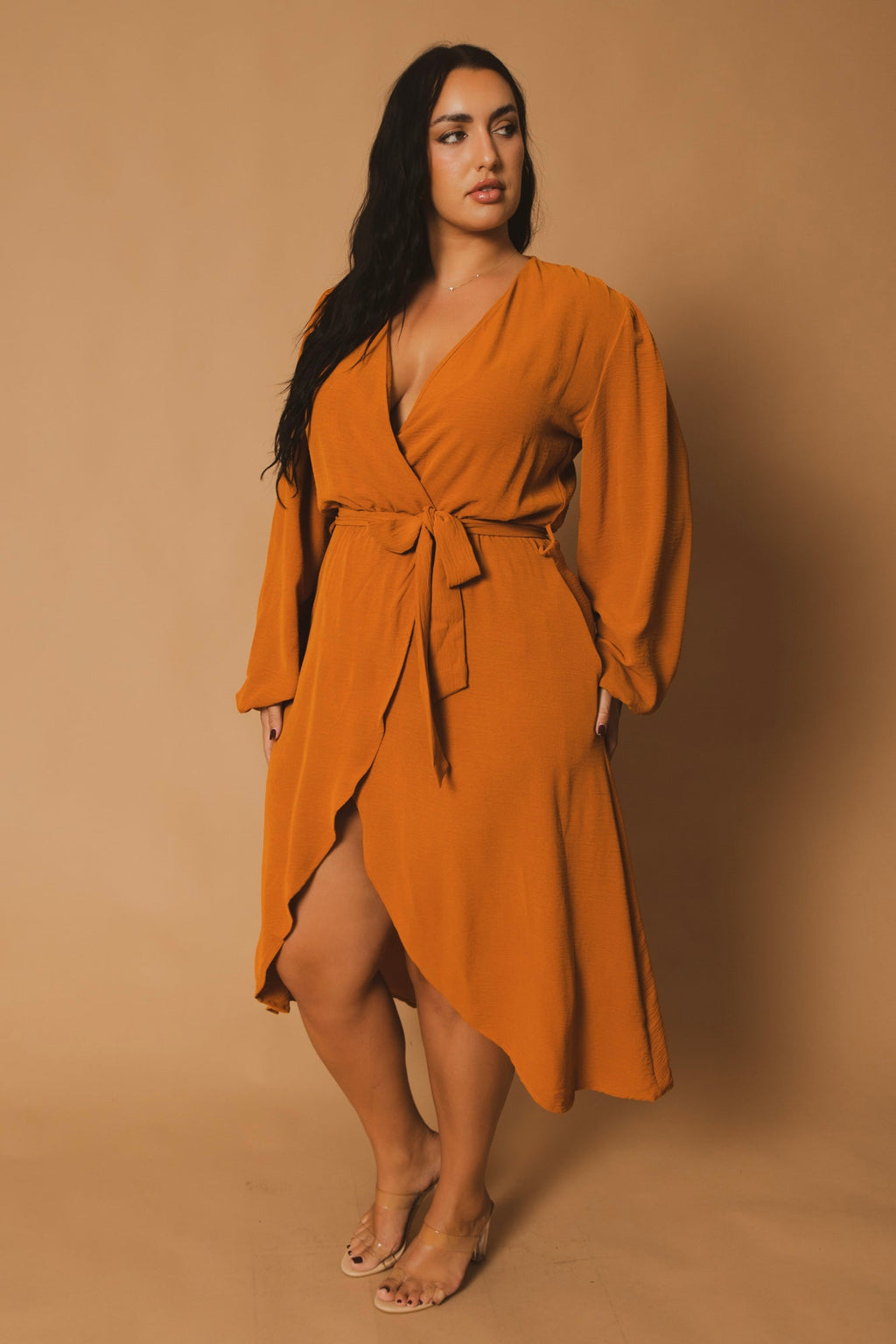 Plus Size Classic Wrap Belted Dress - Rust