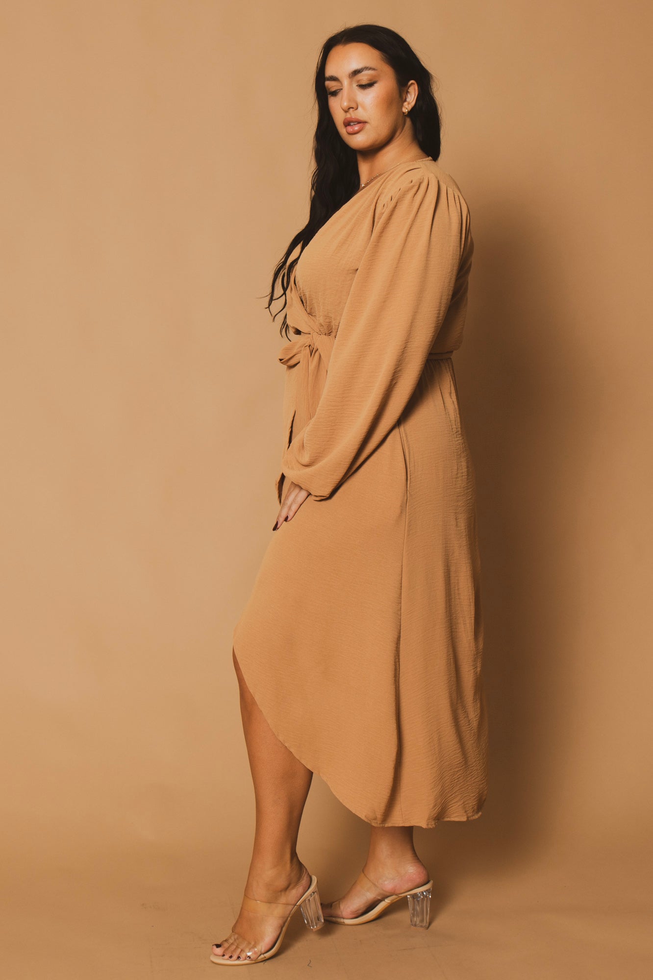 Plus Size Classic Wrap Belted Dress - Taupe