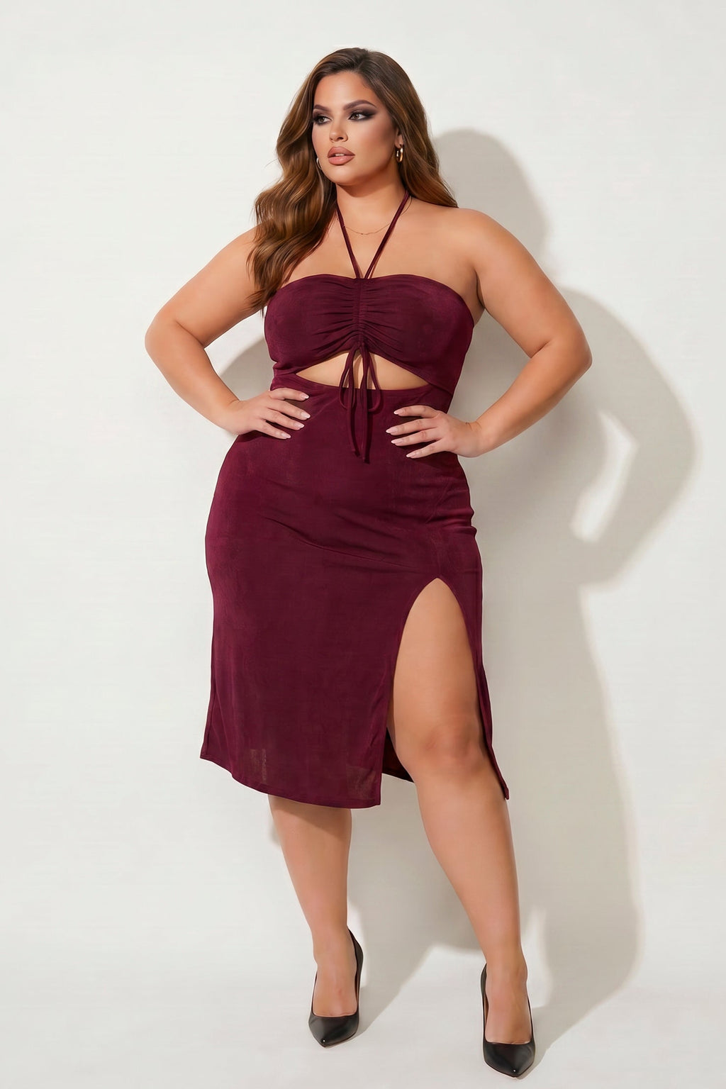 Plus Size Cleo Ruched Ring Dress - Burgundy