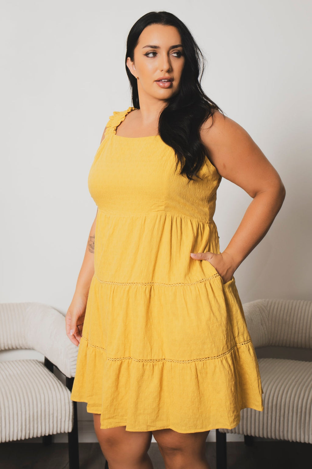 Plus Size Daydream Stroll Dress - Mustard