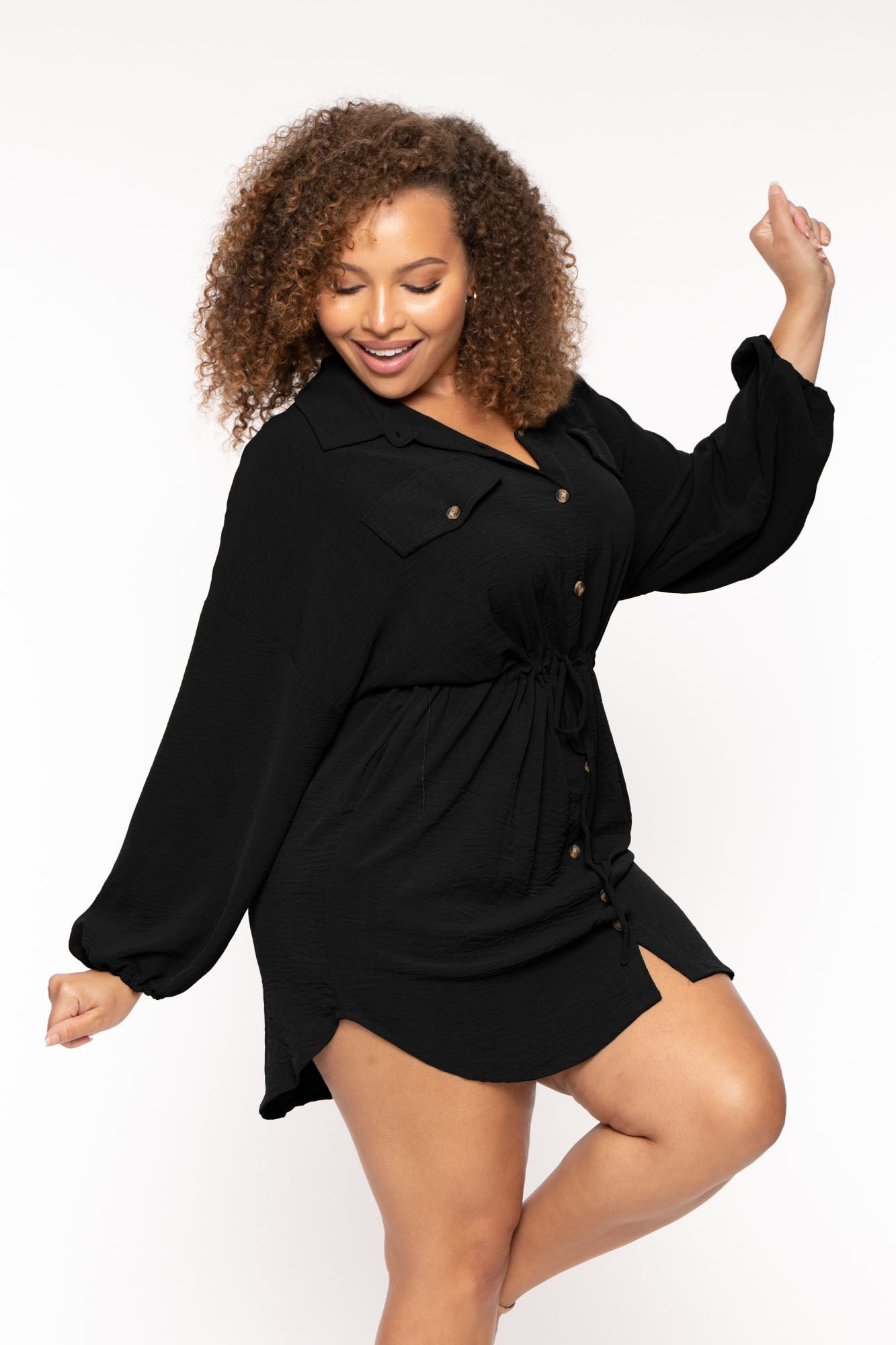 Plus Size Donnie Drawstring  Shirt Dress - Black
