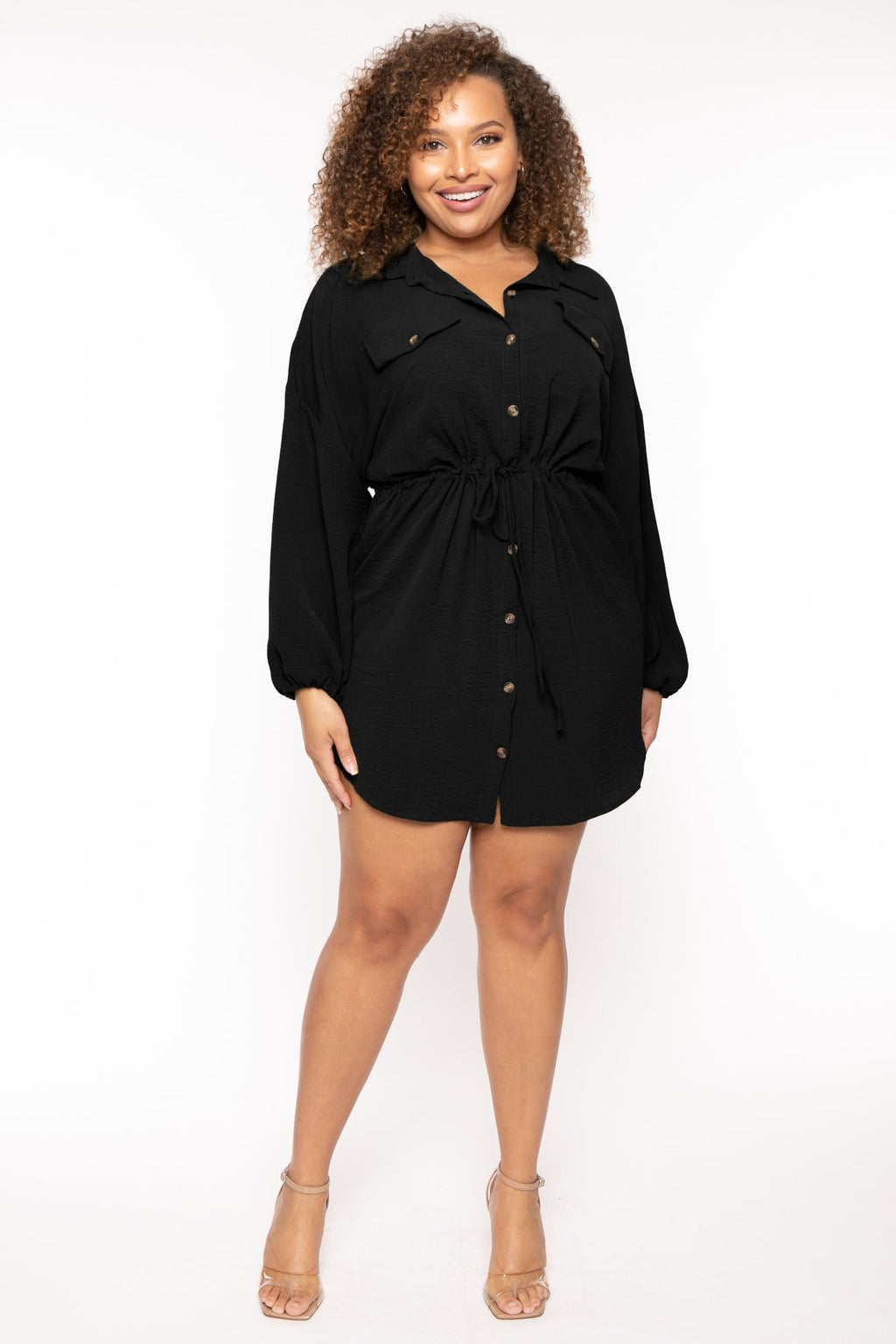 Plus Size Donnie Drawstring  Shirt Dress - Black