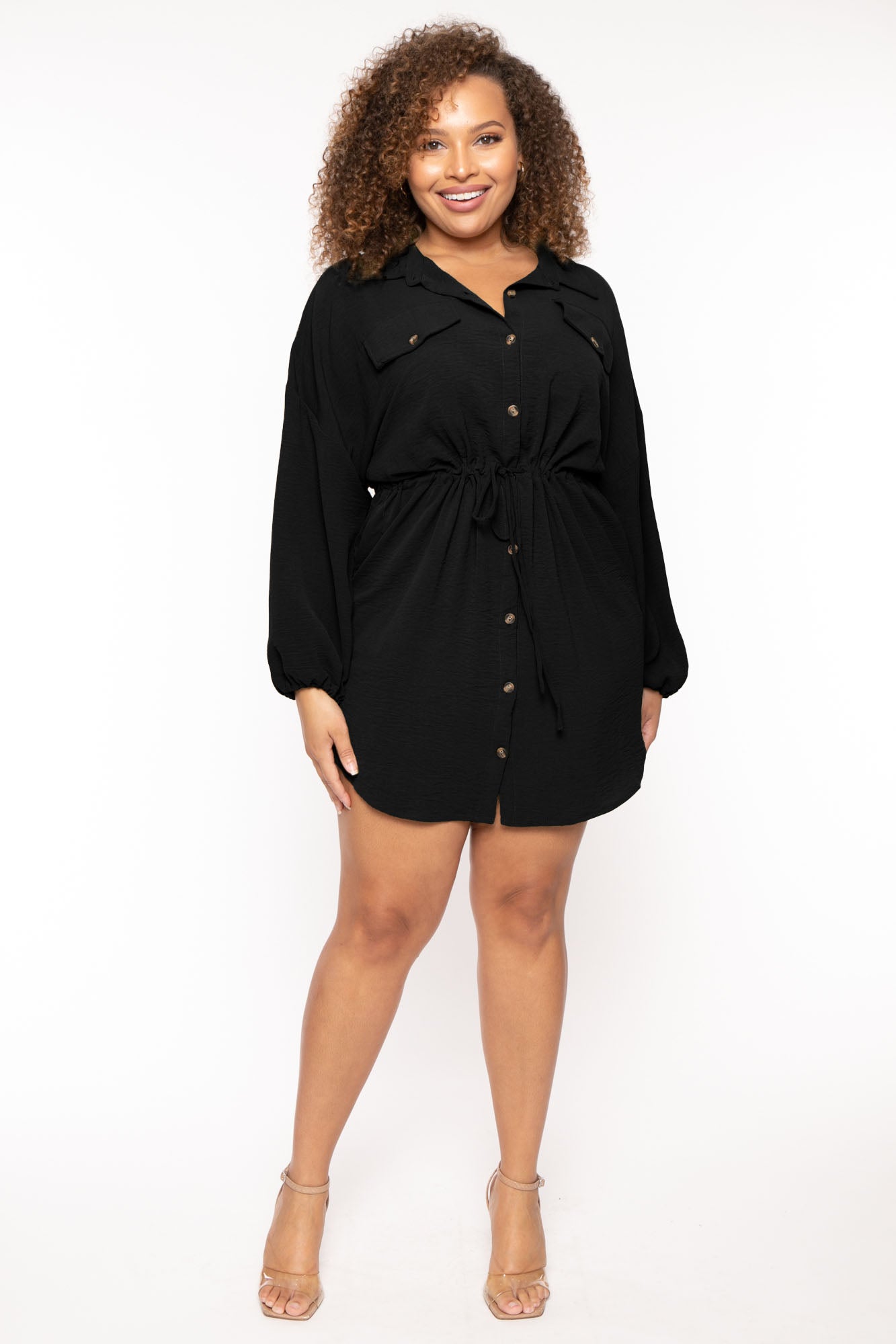 Plus Size Donnie Drawstring  Shirt Dress - Black