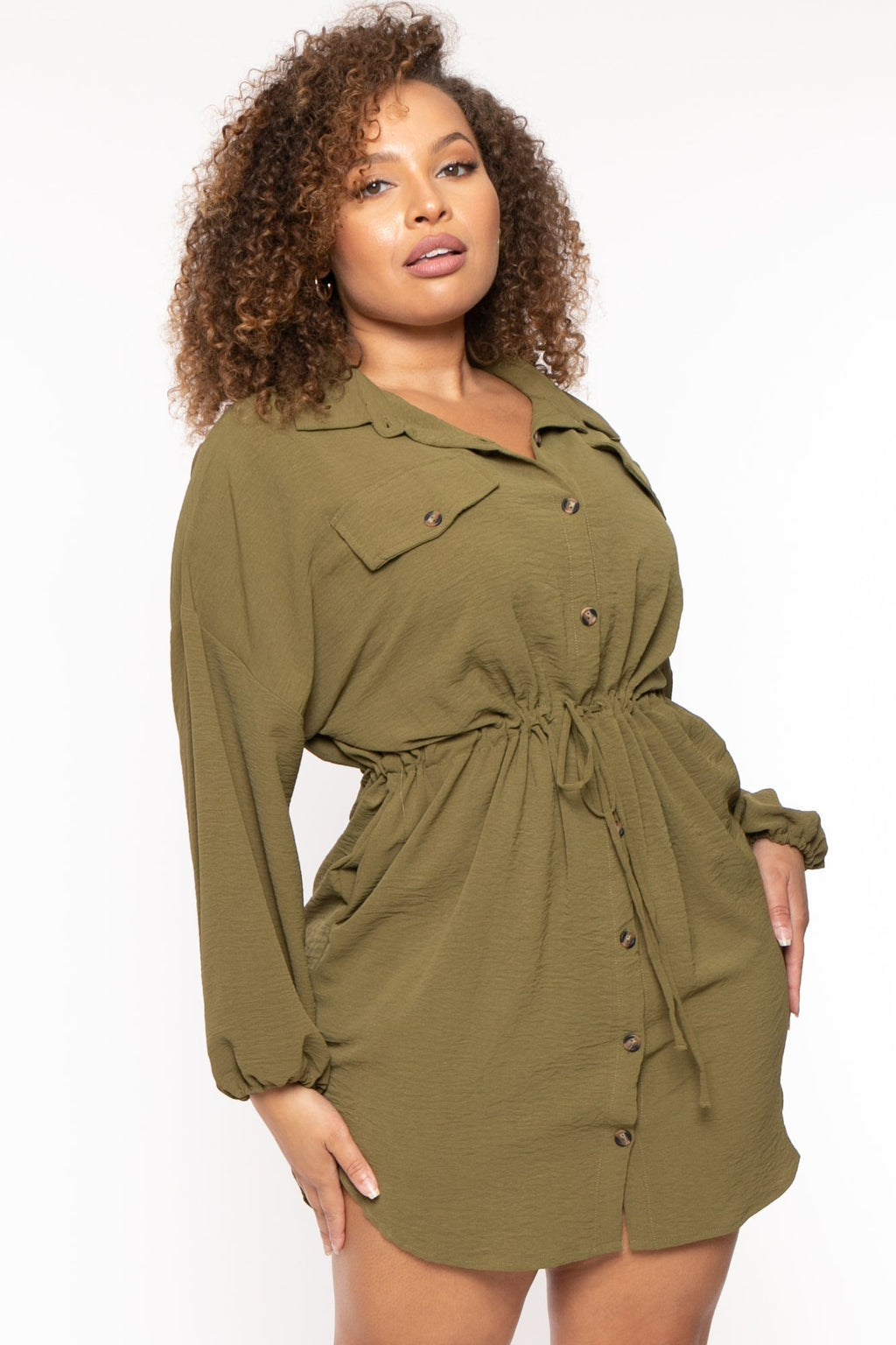 Plus Size Donnie Drawstring  Shirt Dress - Olive