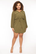 Plus Size Donnie Drawstring  Shirt Dress - Olive
