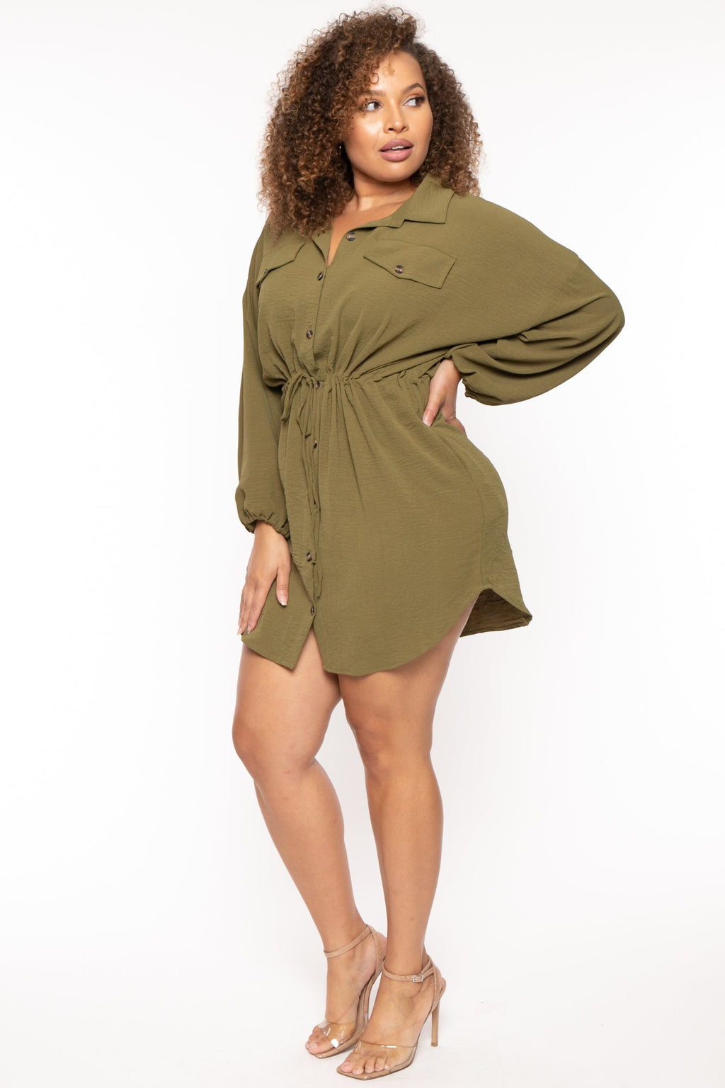 Plus Size Donnie Drawstring  Shirt Dress - Olive