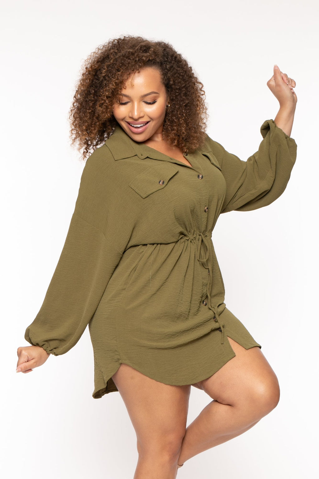 Plus Size Donnie Drawstring  Shirt Dress - Olive