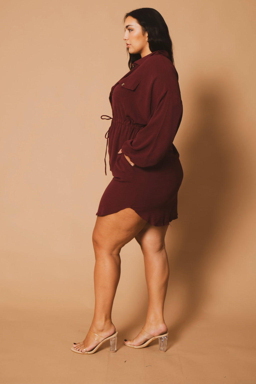 Plus Size Donnie Drawstring  Shirt Dress -Burgundy
