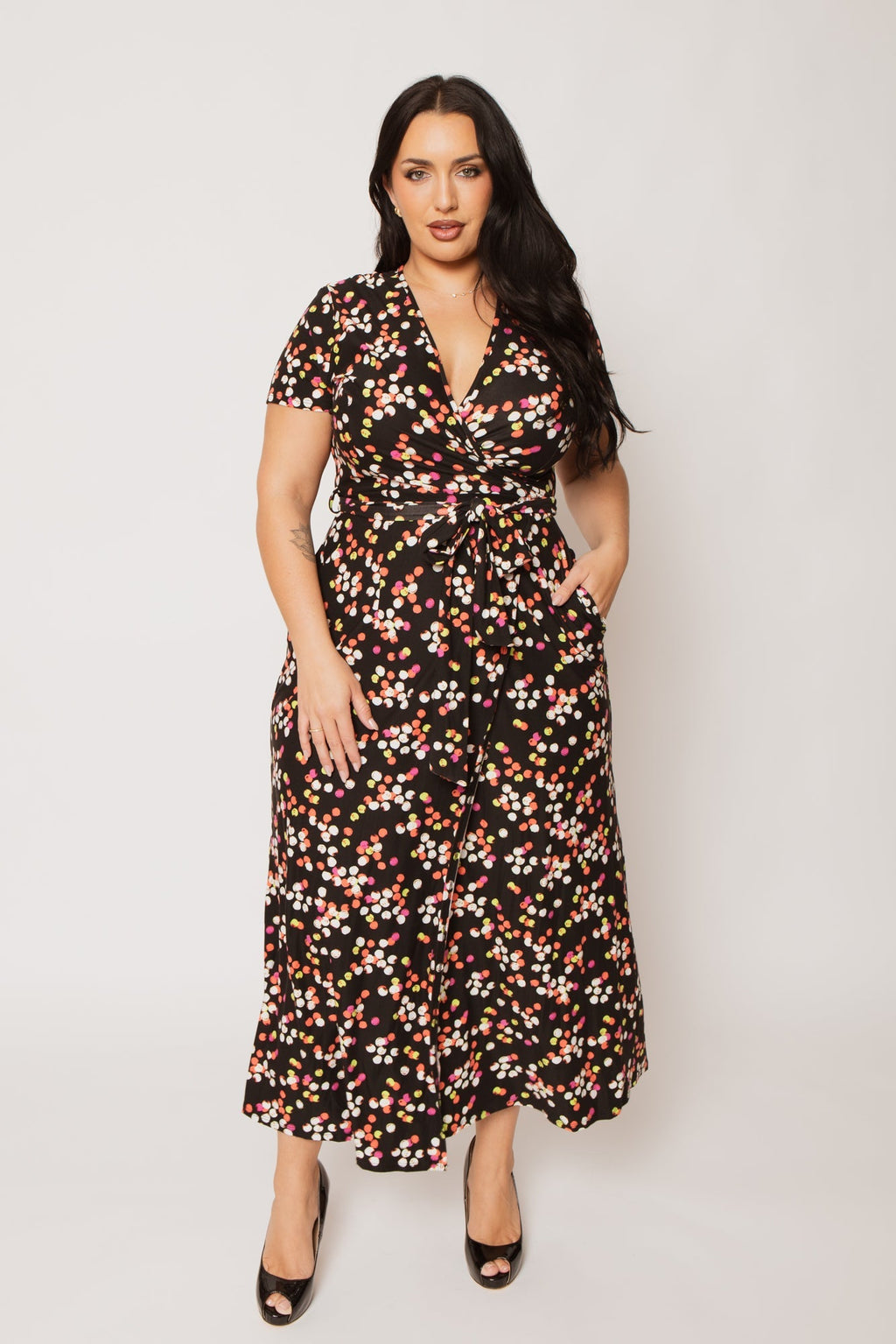 Plus Size Eliana Wrap Dress- Black/Pink