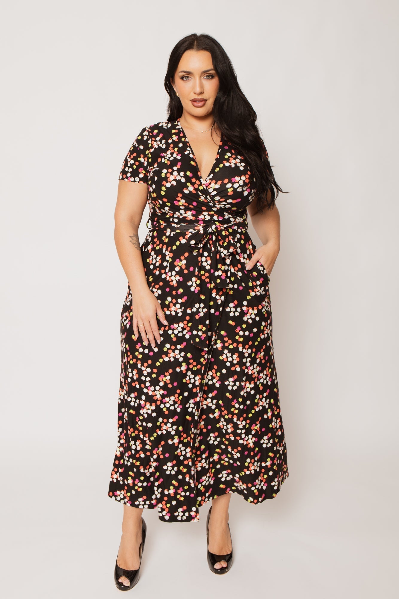 Plus Size Eliana Wrap Dress- Black/Pink
