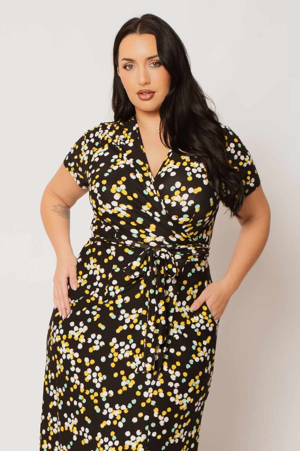 Plus Size Eliana Wrap Dress- Black/Yellow