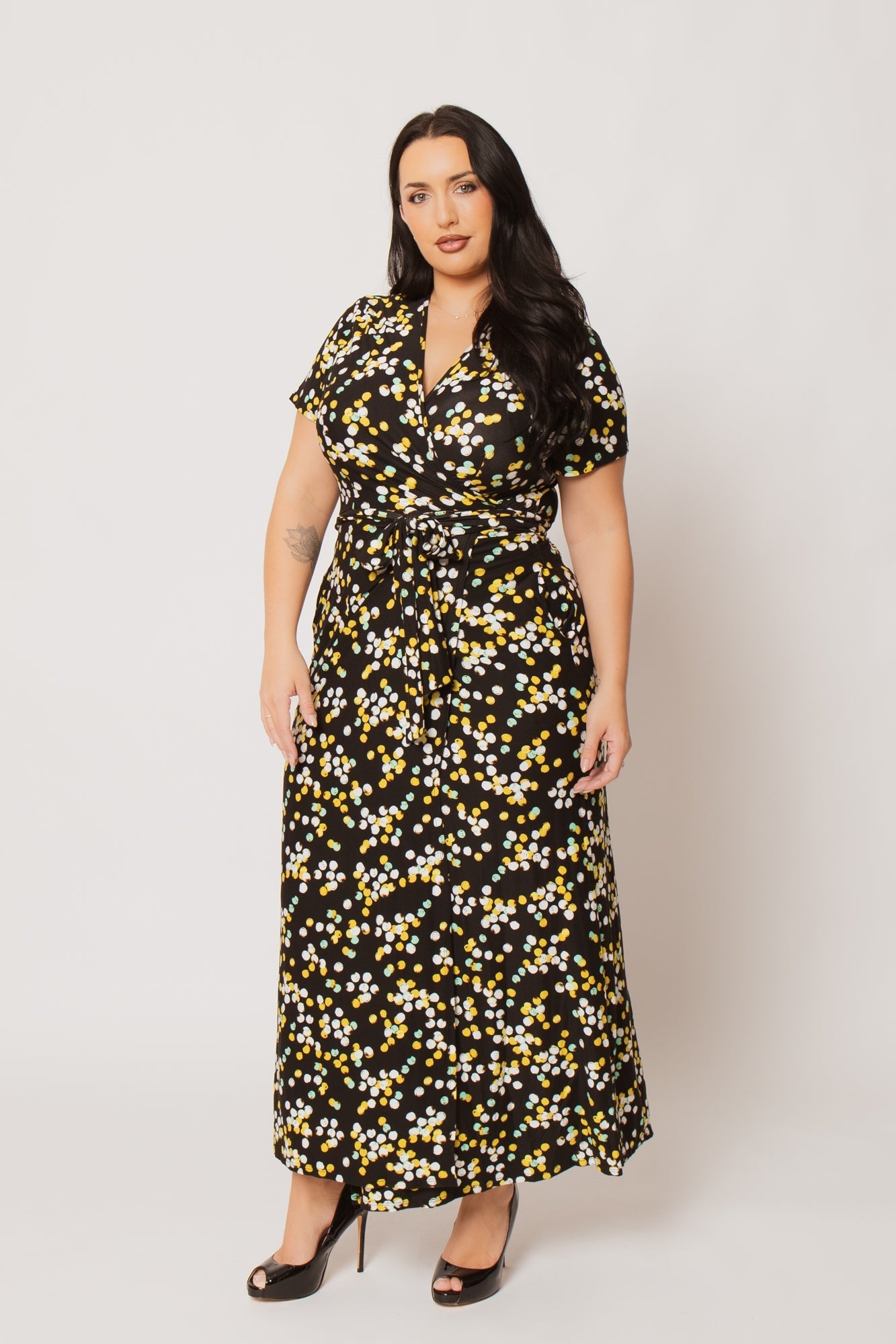 Plus Size Eliana Wrap Dress- Black/Yellow