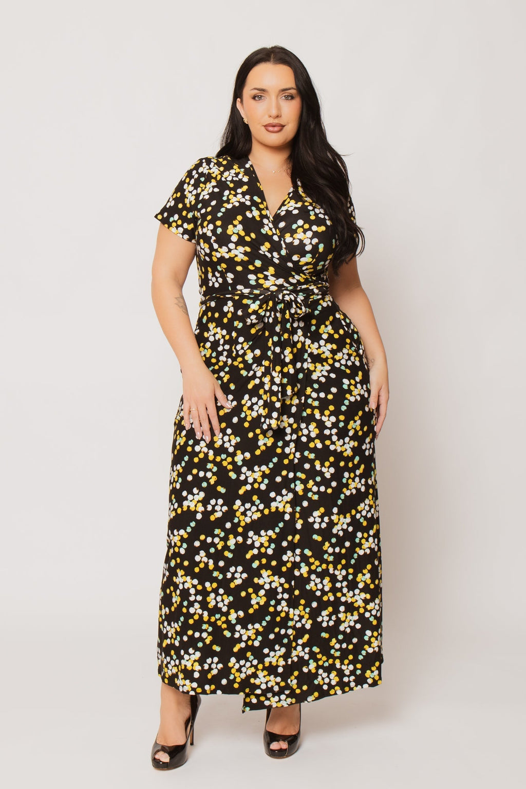Plus Size Eliana Wrap Dress- Black/Yellow