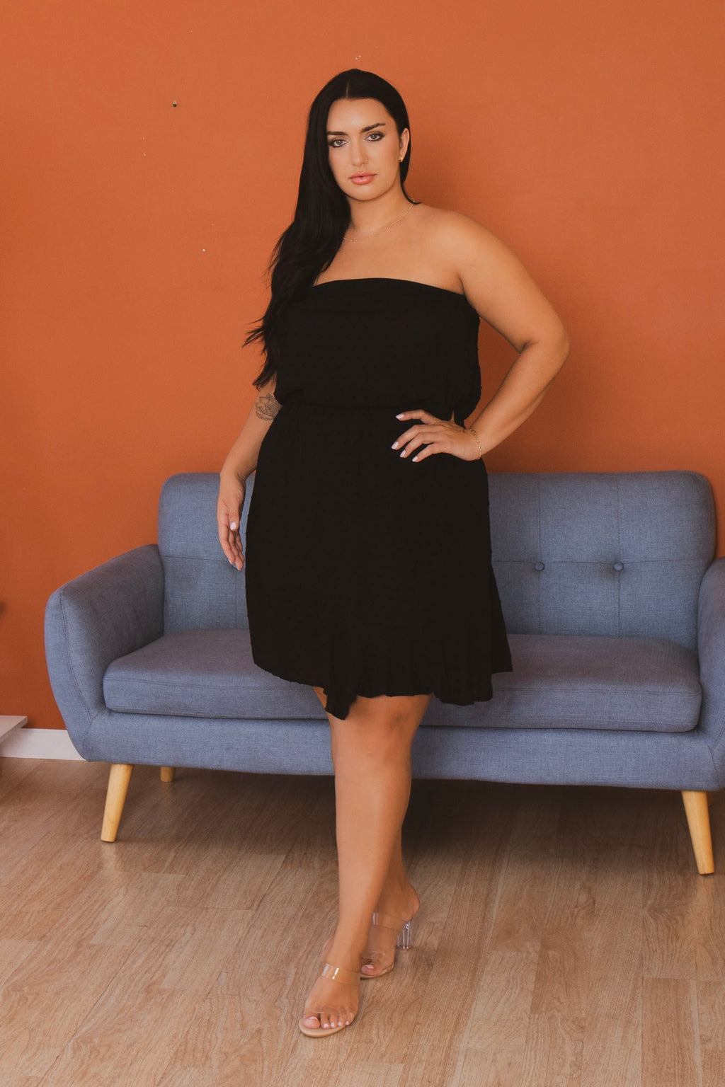 Plus Size  Ella Swiss Dot  Mini  Dress - Black
