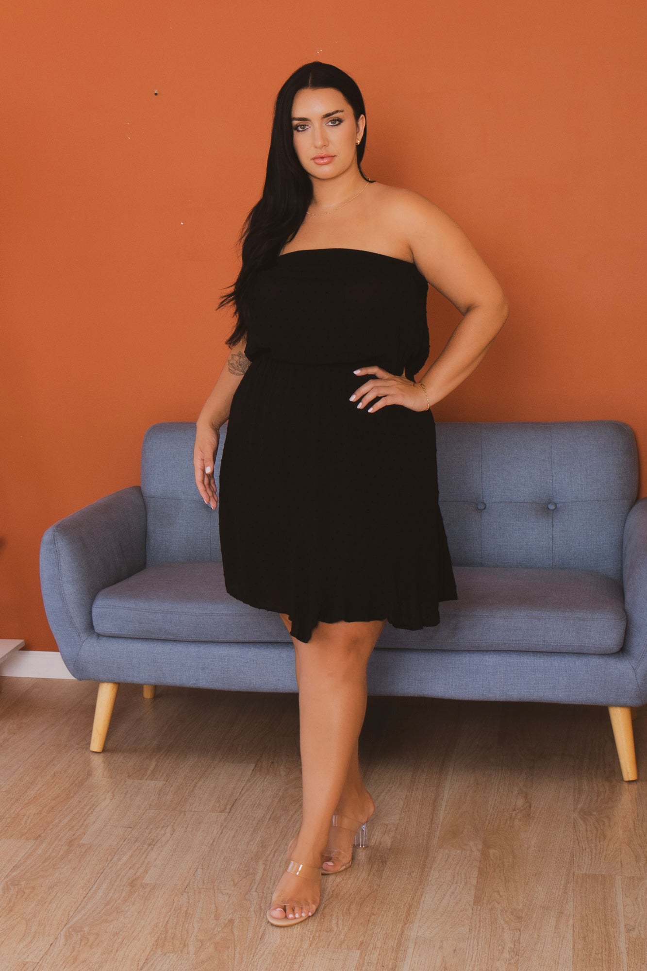 Plus Size  Ella Swiss Dot  Mini  Dress - Black