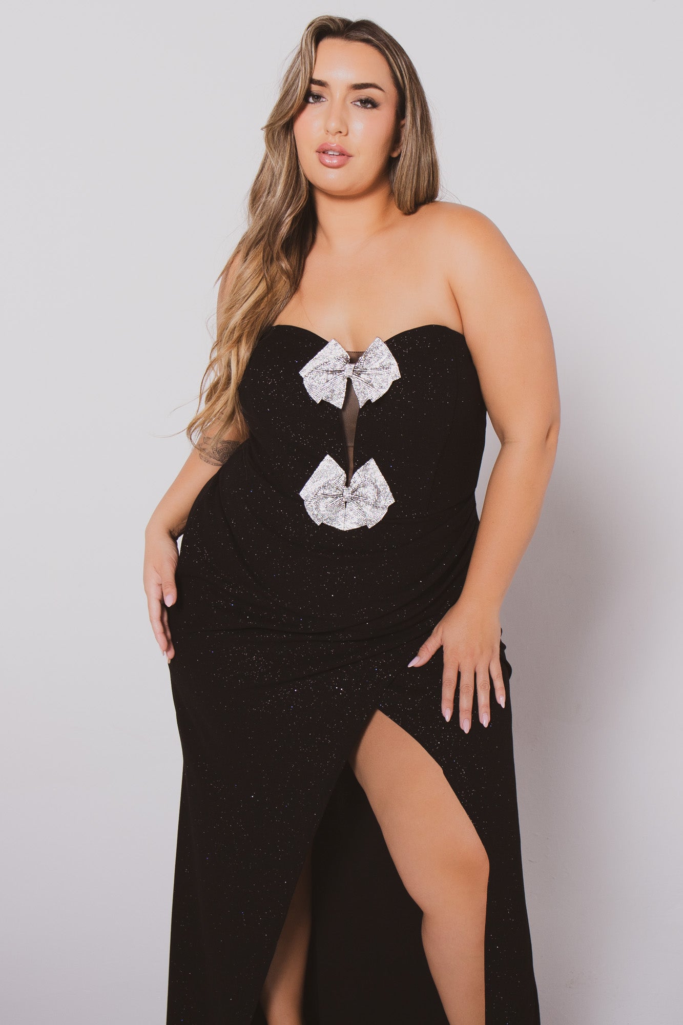Plus Size Evangeline Bow Front  Dress- Black