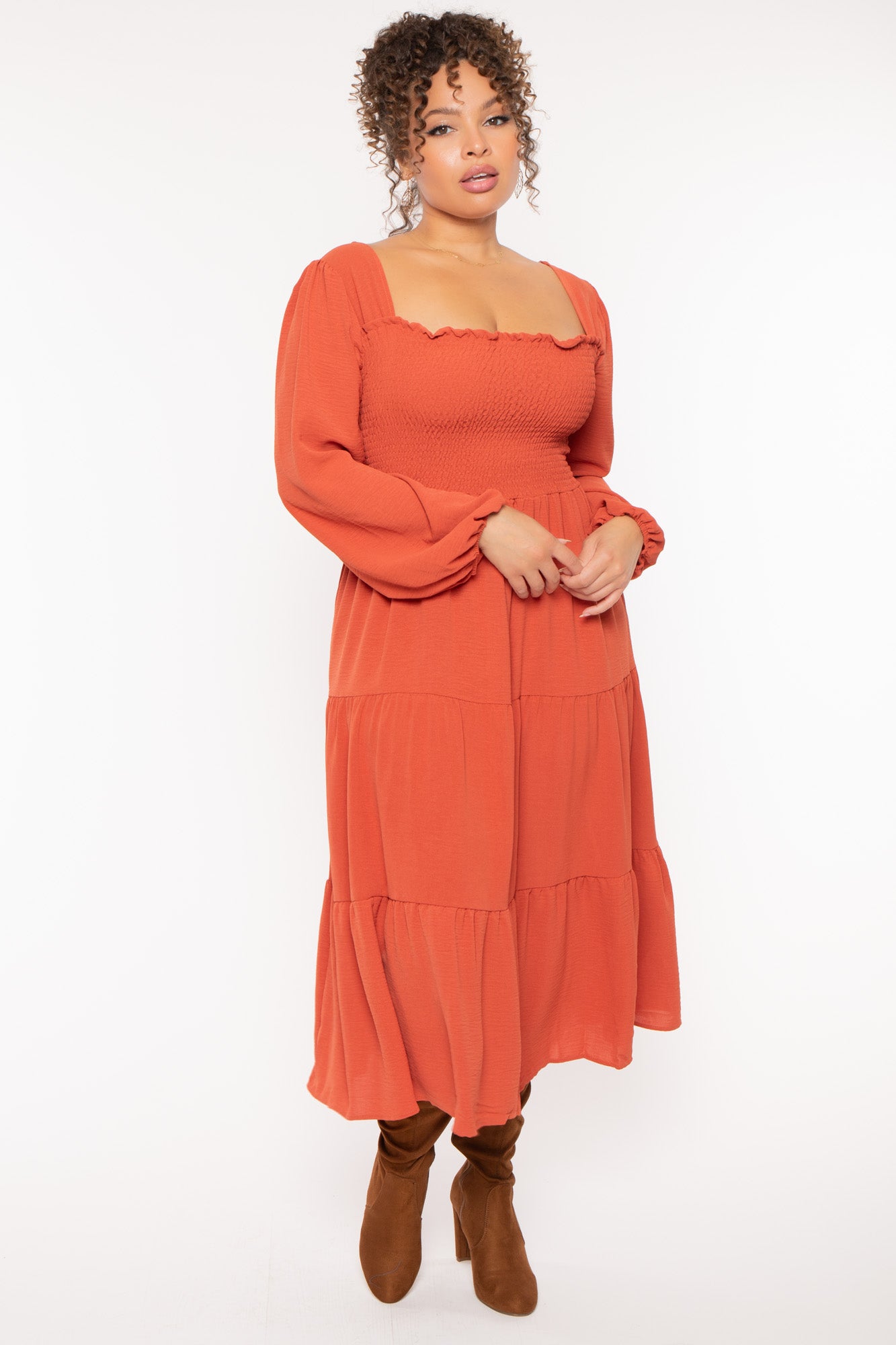 Plus Size Evie Smock Tiered   Dress - Burnt Orange