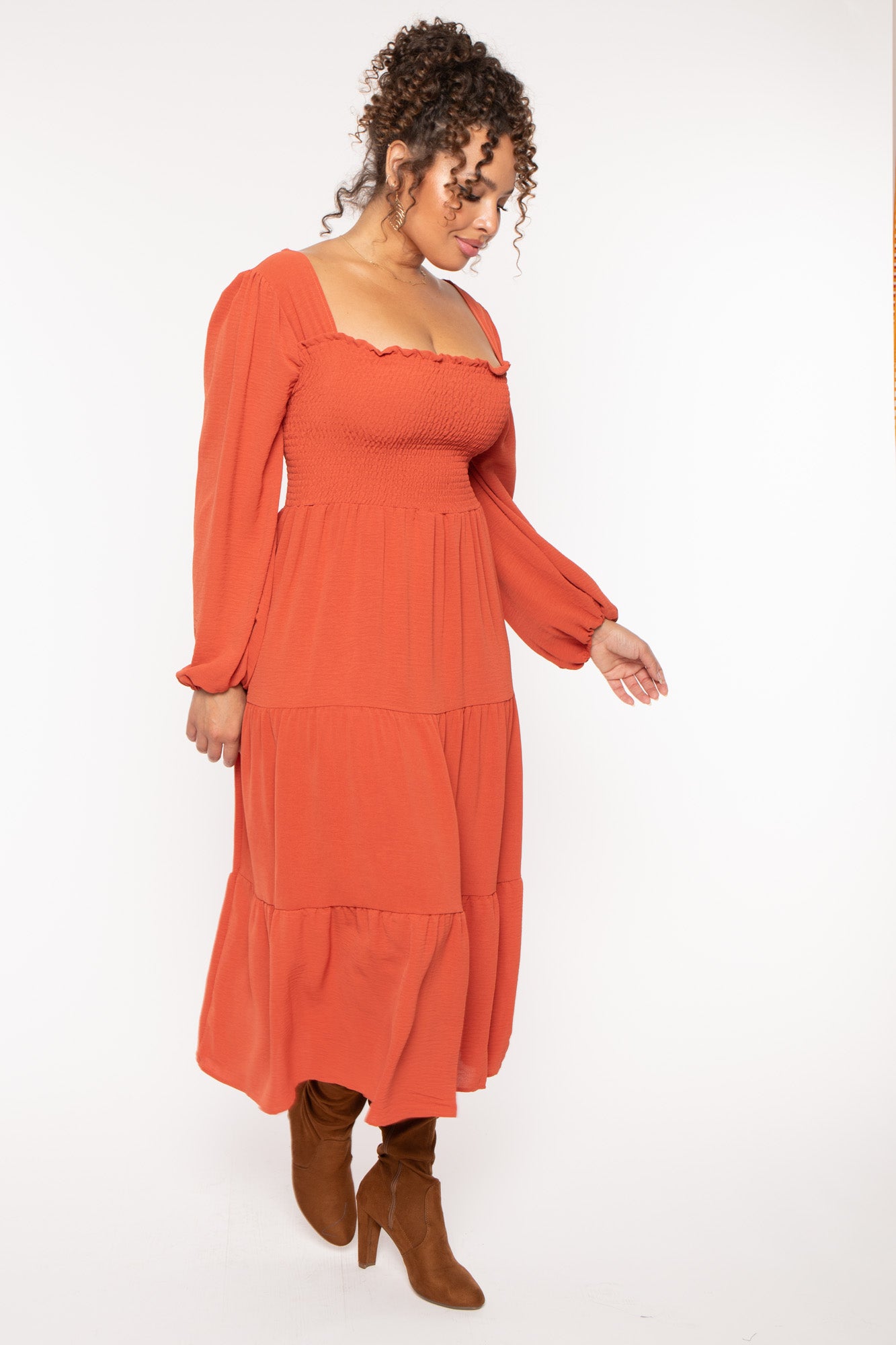 Plus Size Evie Smock Tiered   Dress - Burnt Orange