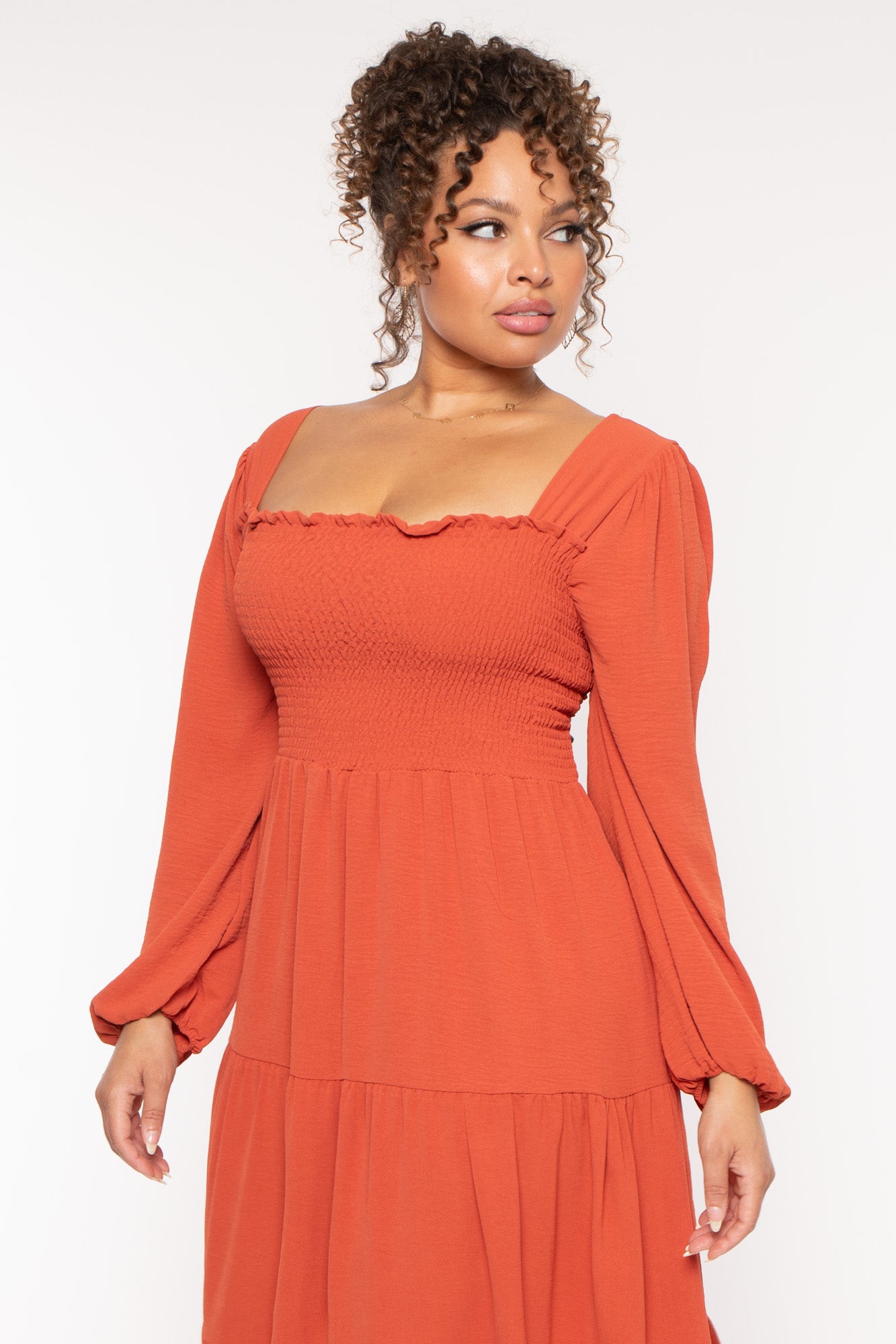 Plus Size Evie Smock Tiered   Dress - Burnt Orange
