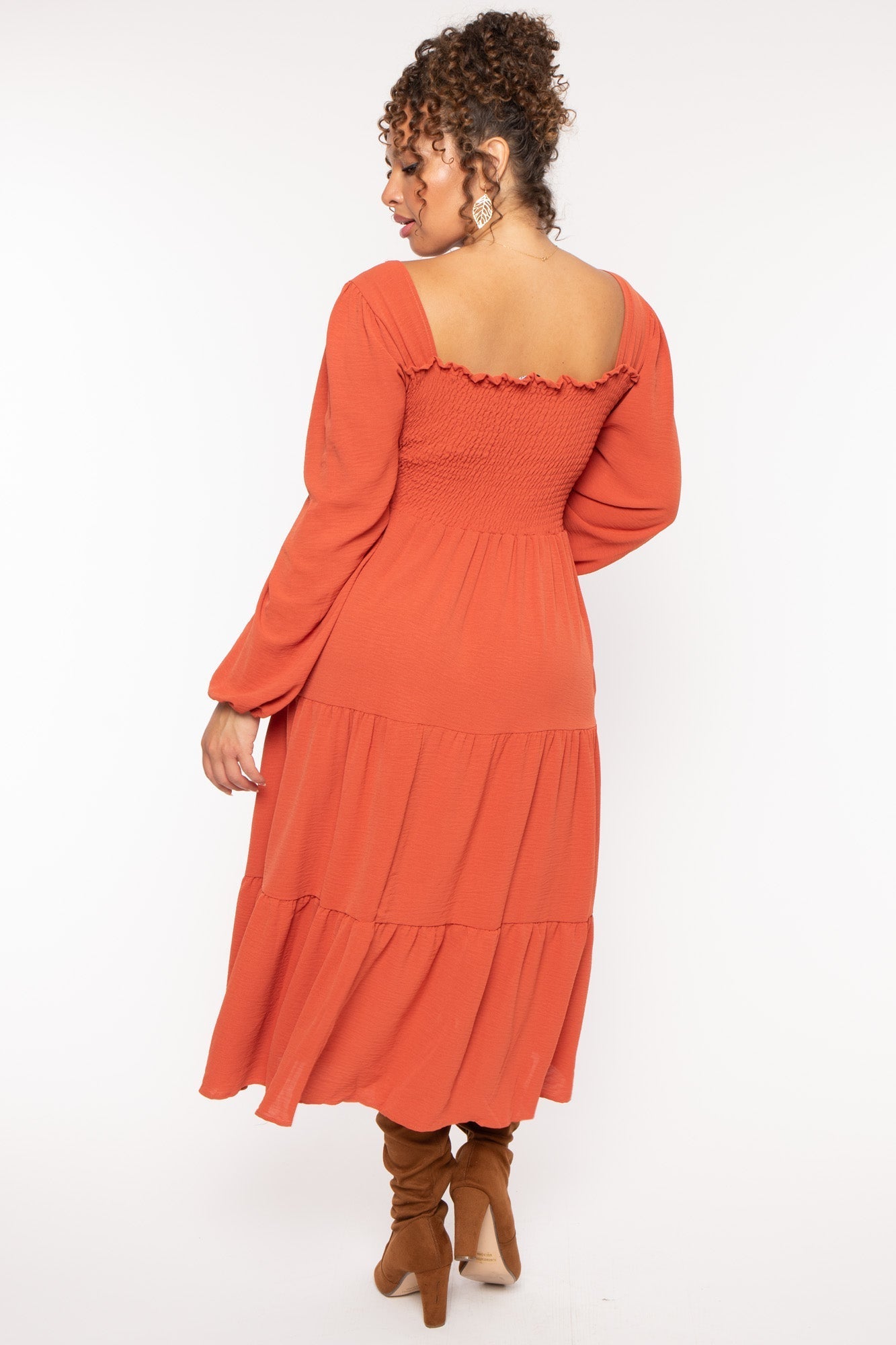 Plus Size Evie Smock Tiered   Dress - Burnt Orange