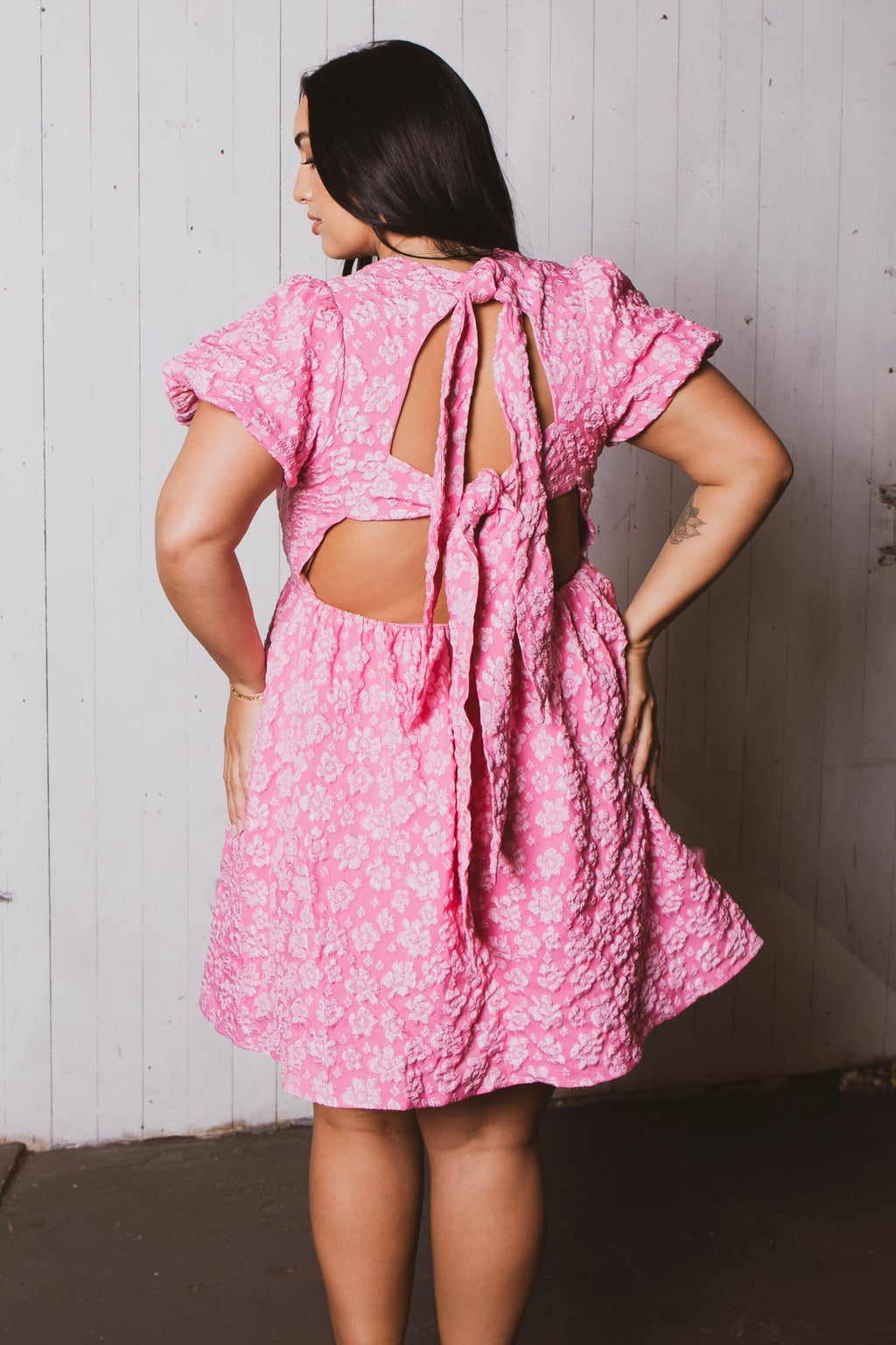 Plus Size Flora Bow Back Mini Dress - Pink