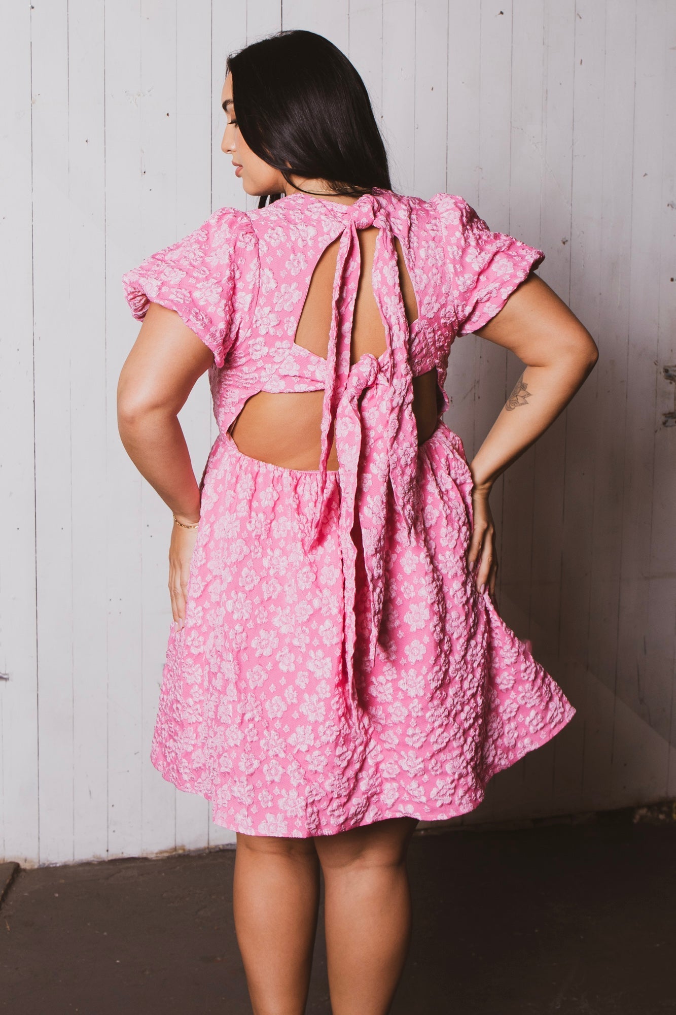 Plus Size Flora Bow Back Mini Dress - Pink
