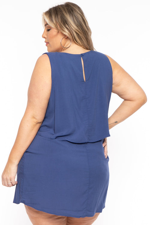 Plus Size  Haltered Double Flare  Dress - Blue