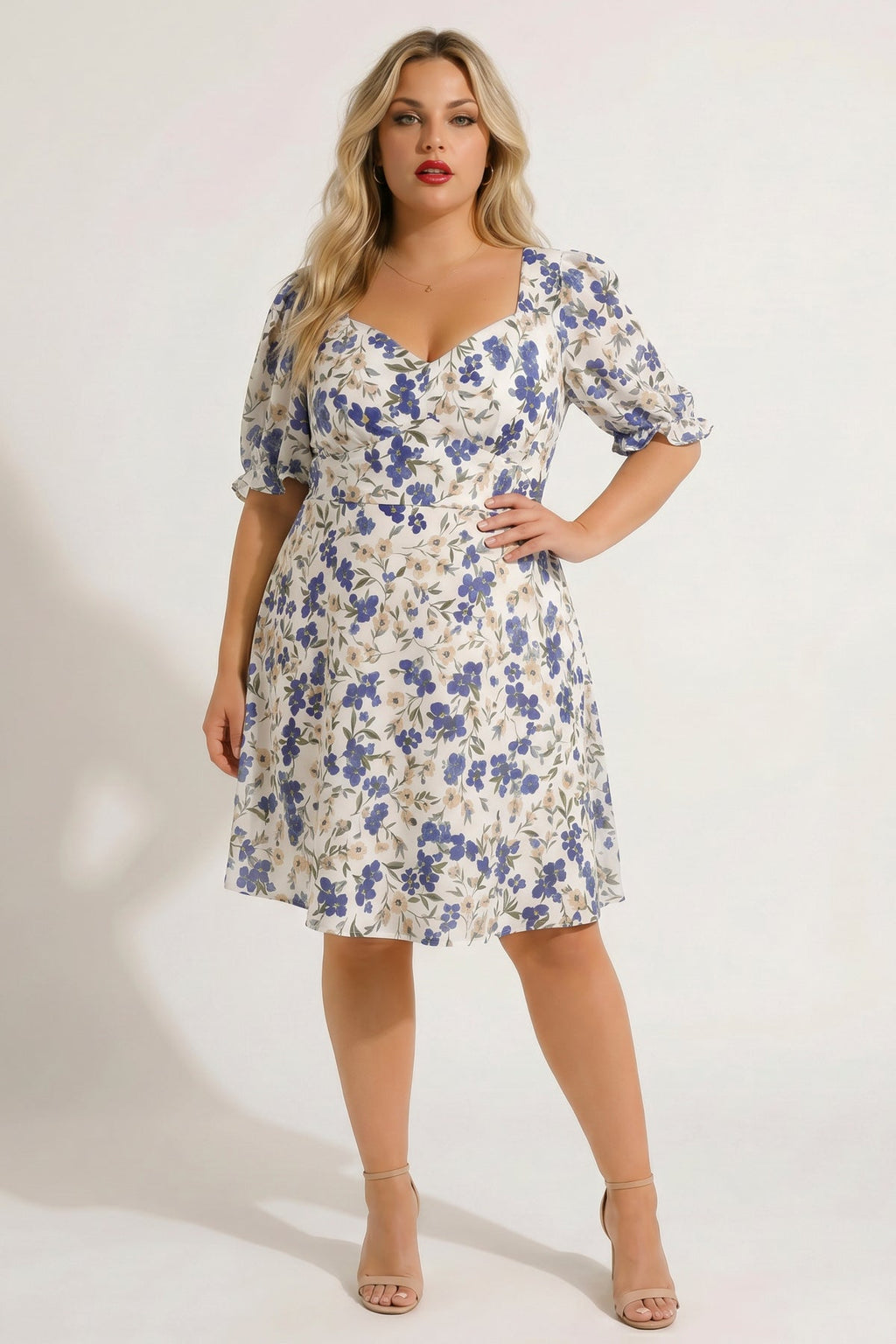 Plus Size Isabella Sweetheart Dress- Ivory/Blue