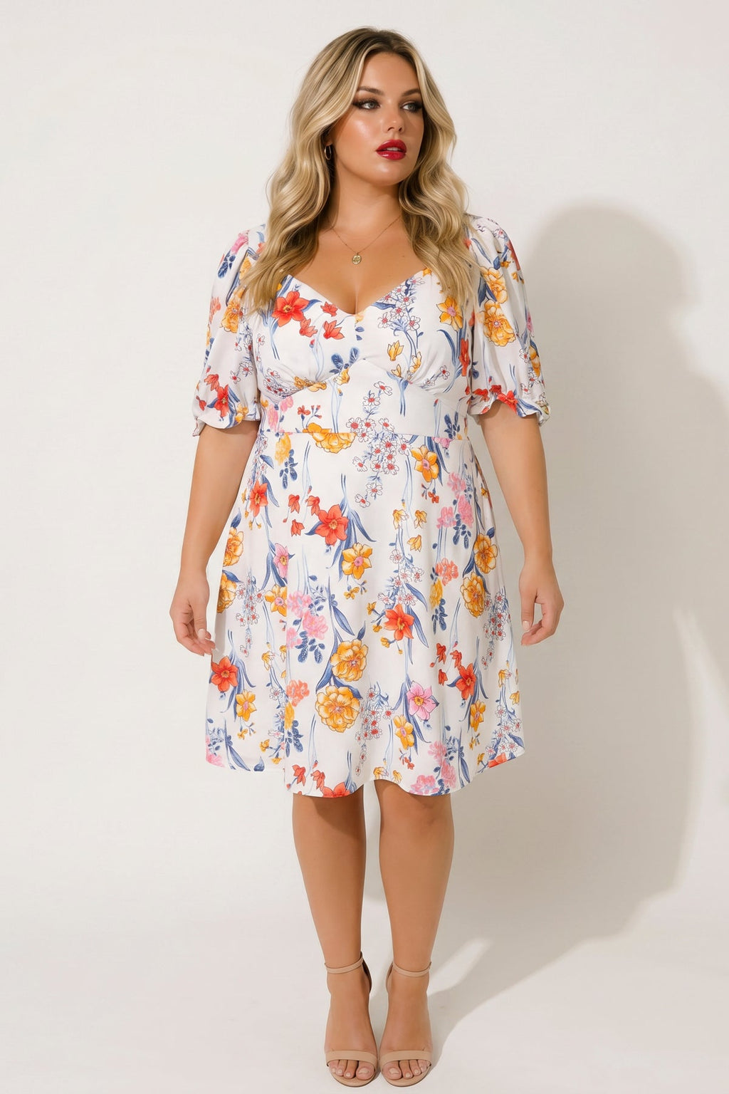 Plus Size Isabella Sweetheart Dress- White/Orange