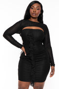 Plus Size Krystal Front Ruffle With Shrug  Dress - Black