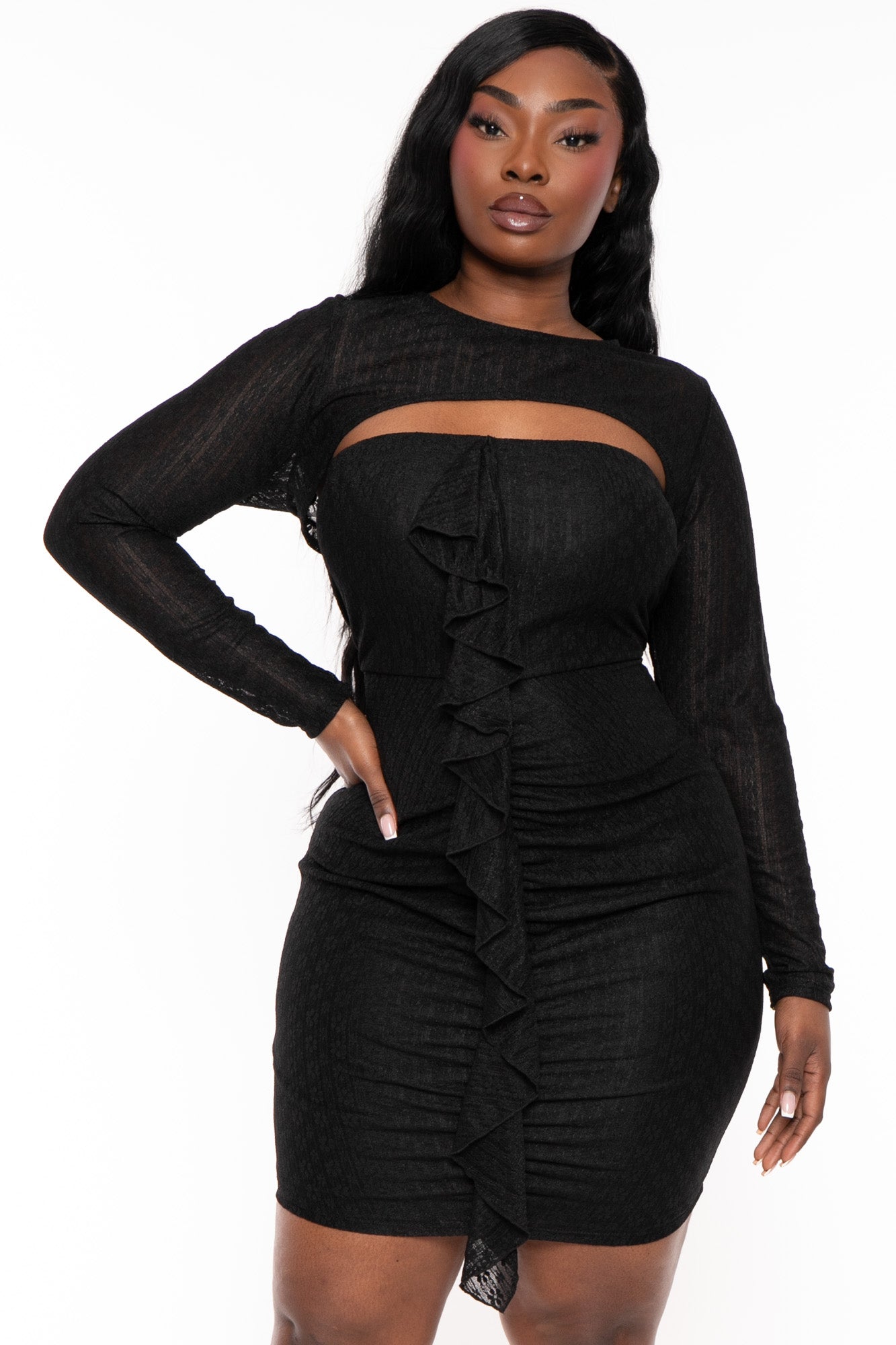 Plus Size Krystal Front Ruffle With Shrug  Dress - Black