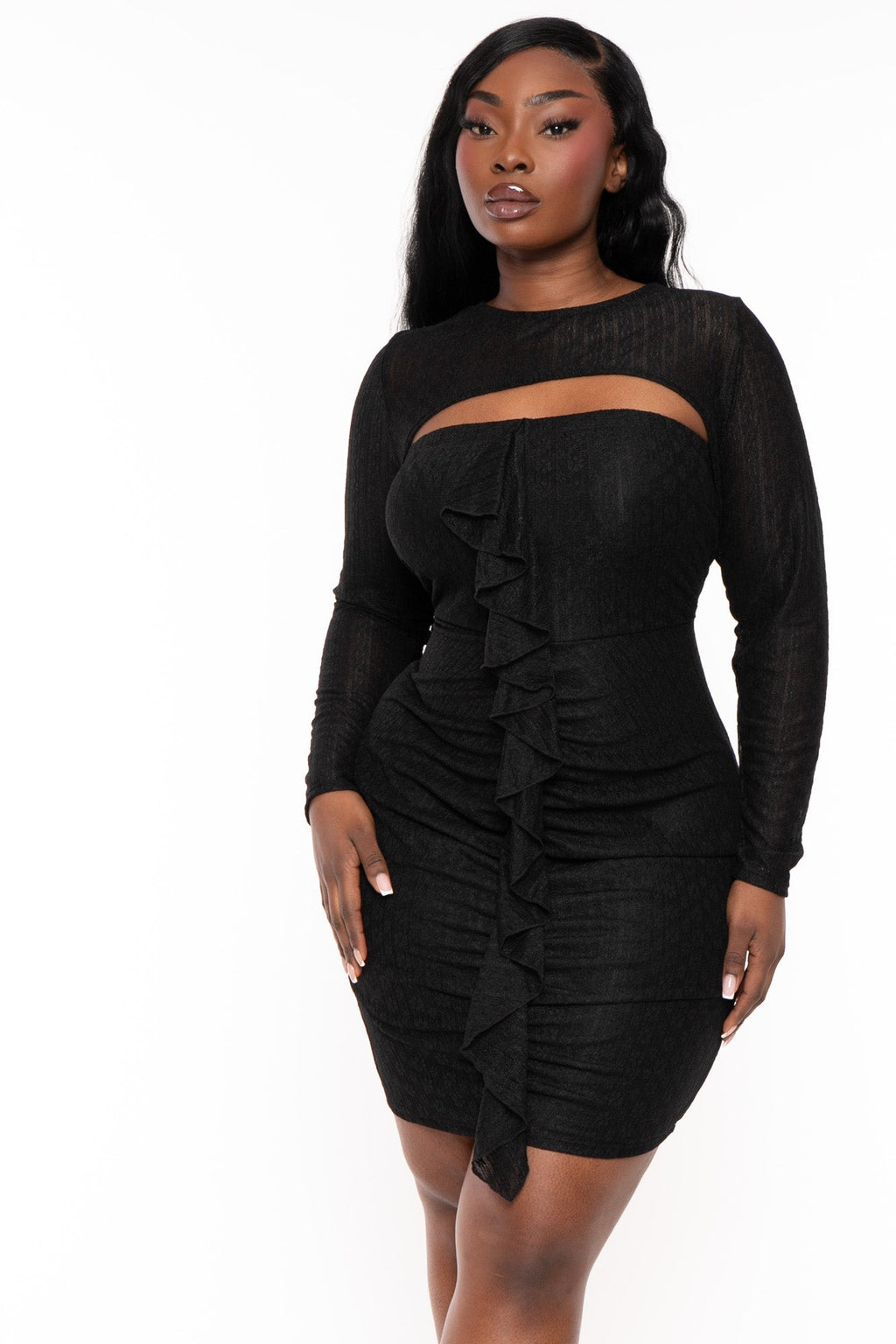 Plus Size Krystal Front Ruffle With Shrug  Dress - Black