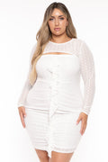 Plus Size Krystal Front Ruffle With Shrug  Dress - White