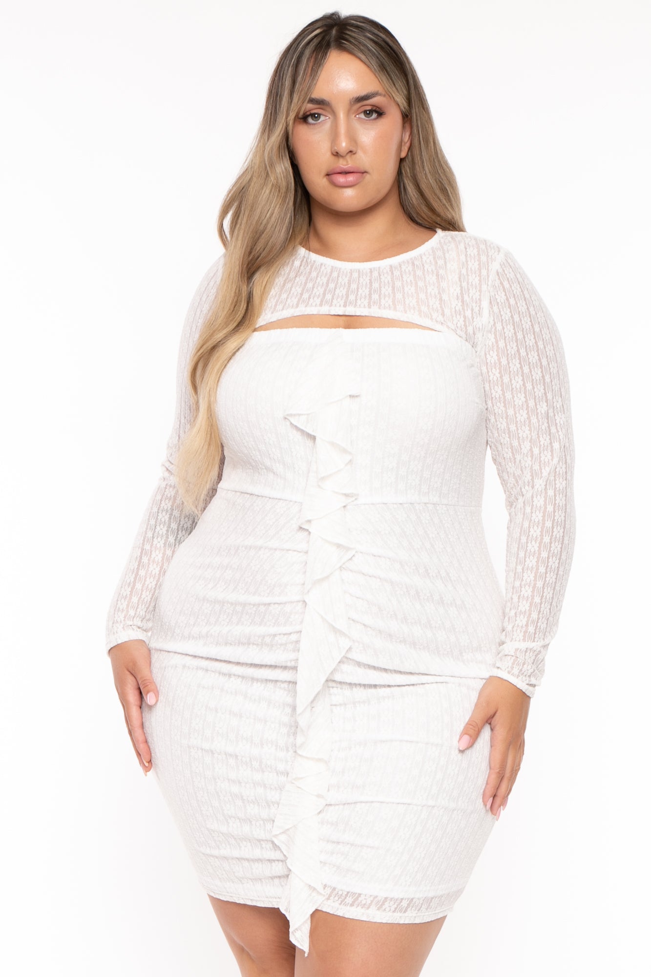 Plus Size Krystal Front Ruffle With Shrug  Dress - White