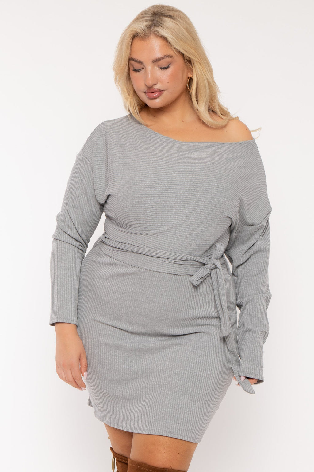 Plus Size Leila Off Shoulder  Dress - Heather Grey