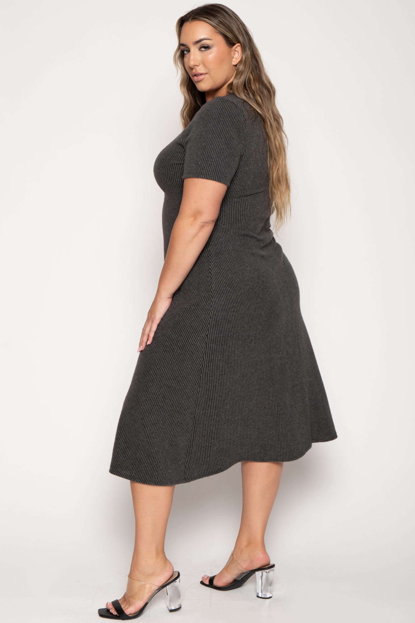 Plus Size Liora Rib Sweater Dress -Charcoal