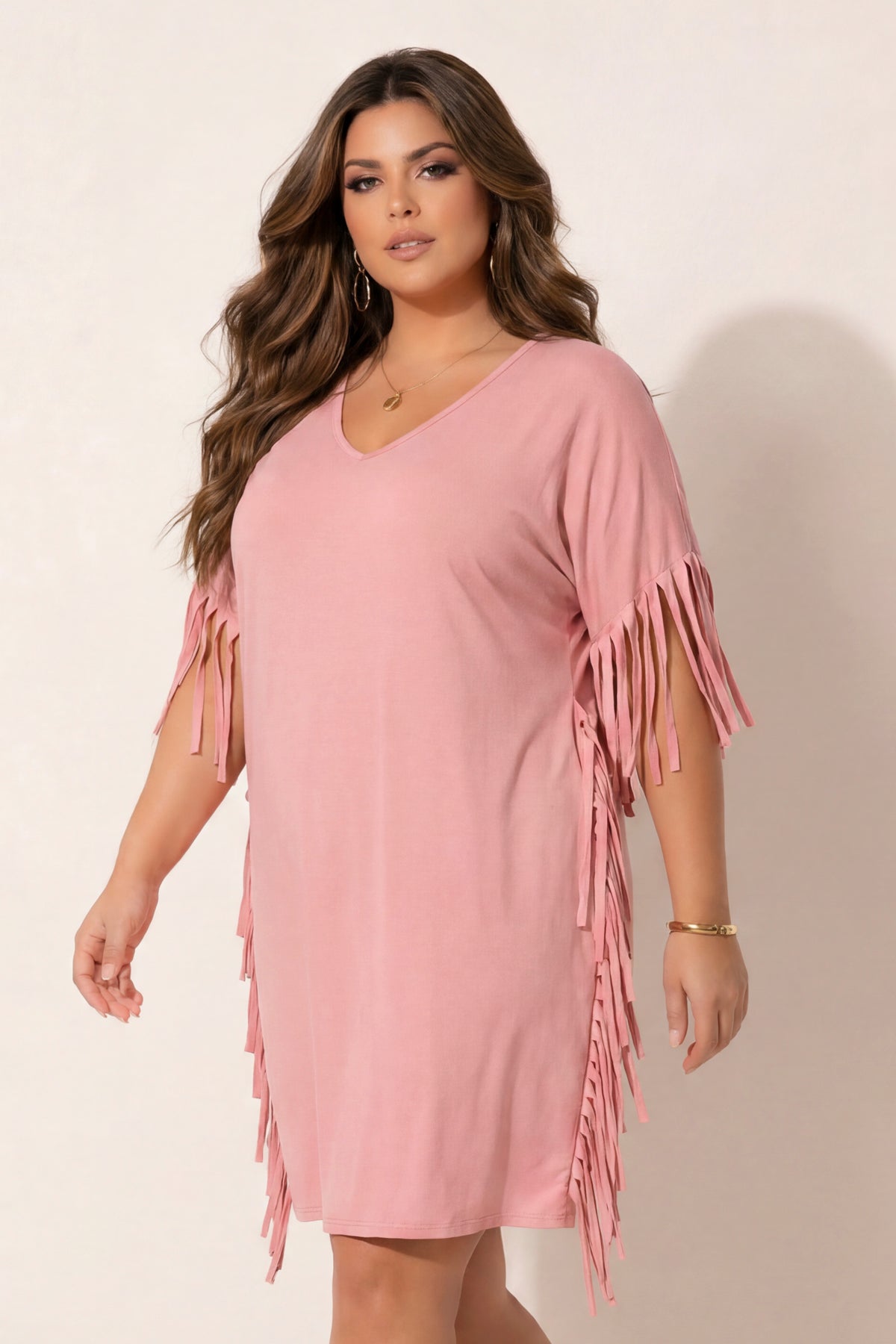 Plus Size Desert Rhythm Fringe Dress - Blush