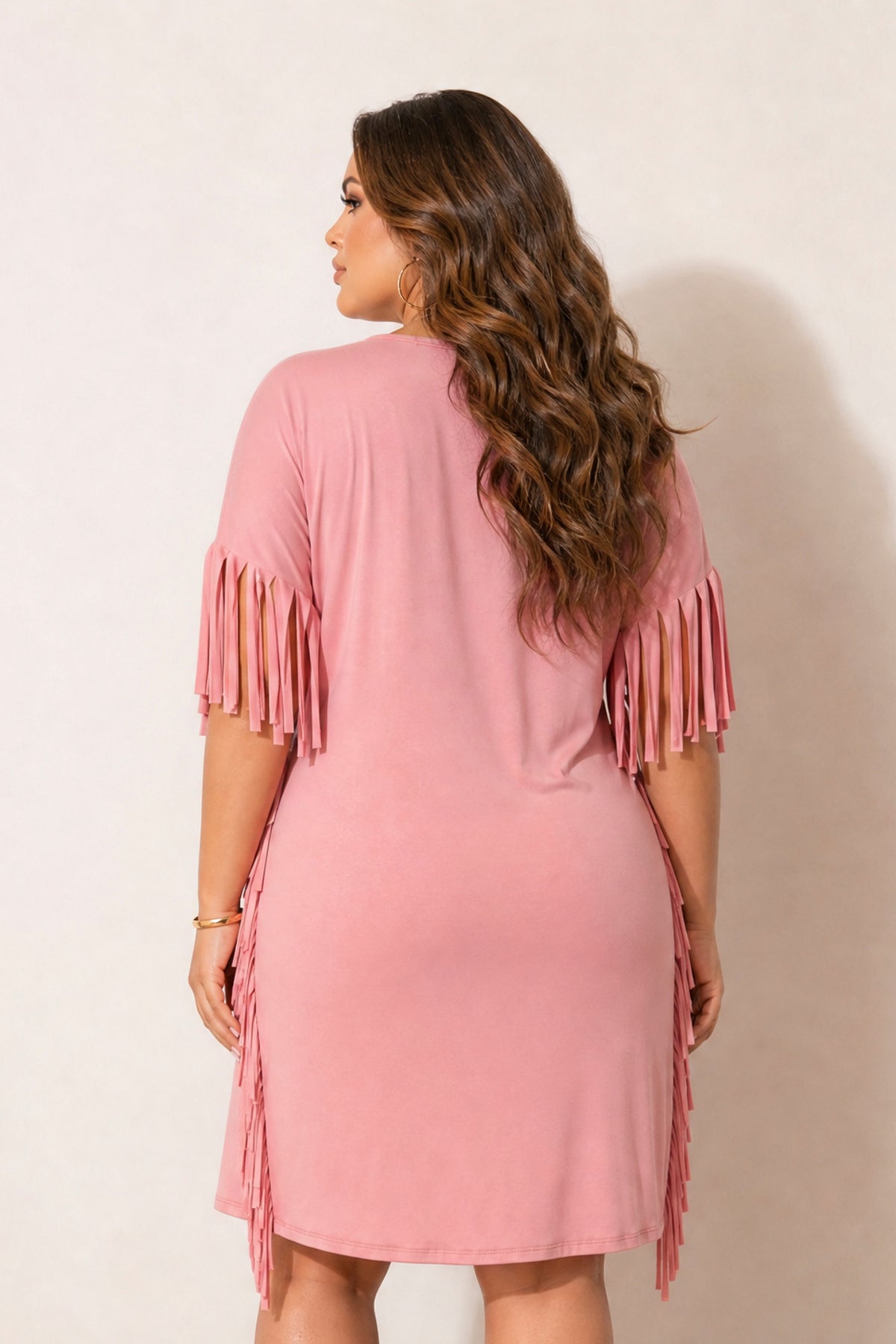 Plus Size Desert Rhythm Fringe Dress - Blush