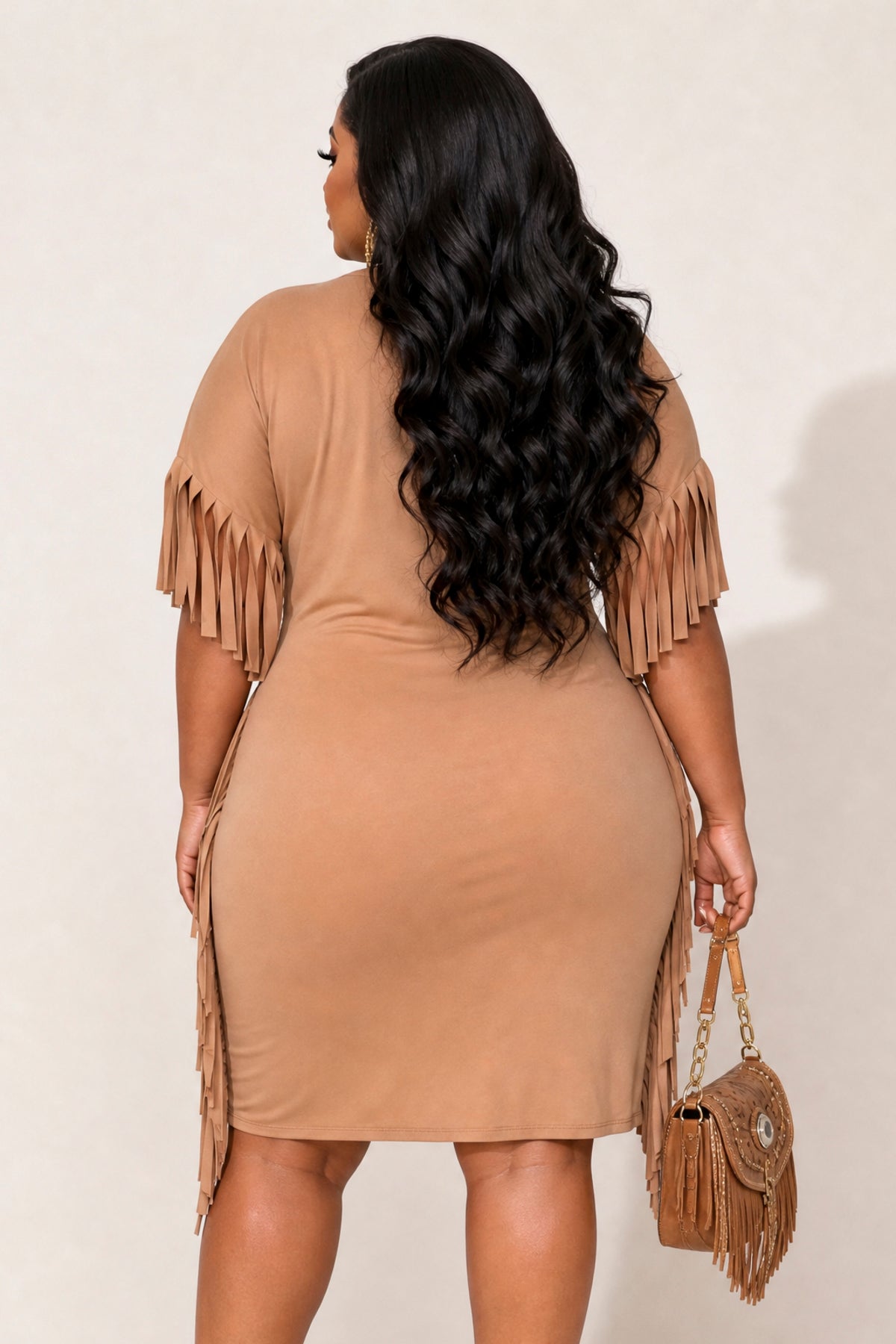Plus Size Desert Rhythm Fringe Dress - Camel