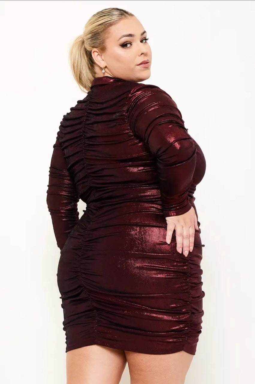 Plus Size Metallic Ruched Shirt  Dress- Burgundy